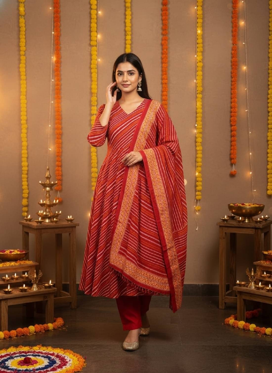 ETZIN Women Cotton Printed Anarkali Kurti With Pants ( Red )     			ETZIN Women Cotton Printed Anarkali Kurti With Pants ( Red )