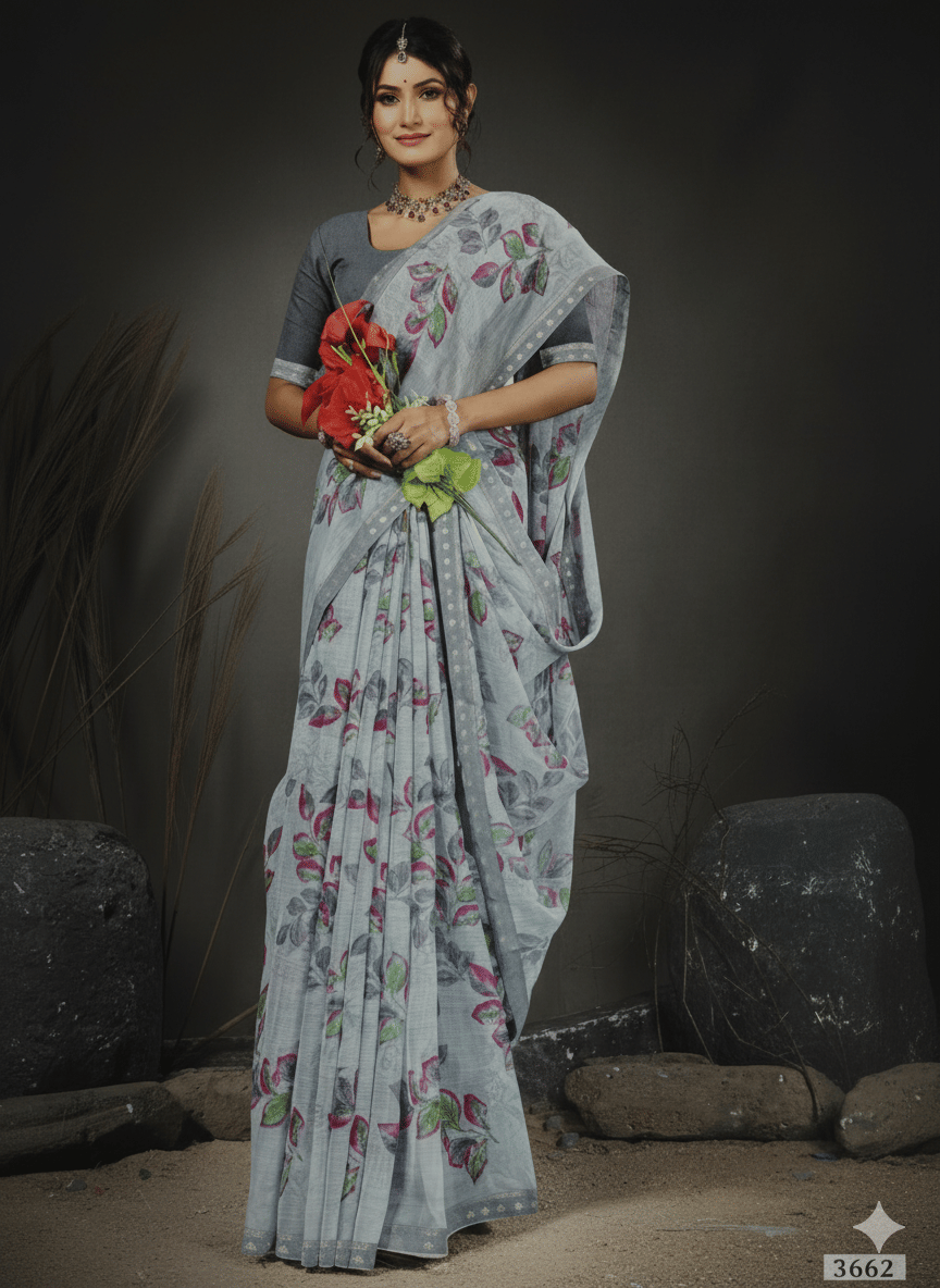 GENERIC AAHI Linen Printed Regular Saree With Unstitched Blouse Piece ( Grey,Light Blue )     			GENERIC AAHI Linen Printed Regular Saree With Unstitched Blouse Piece ( Grey,Light Blue )