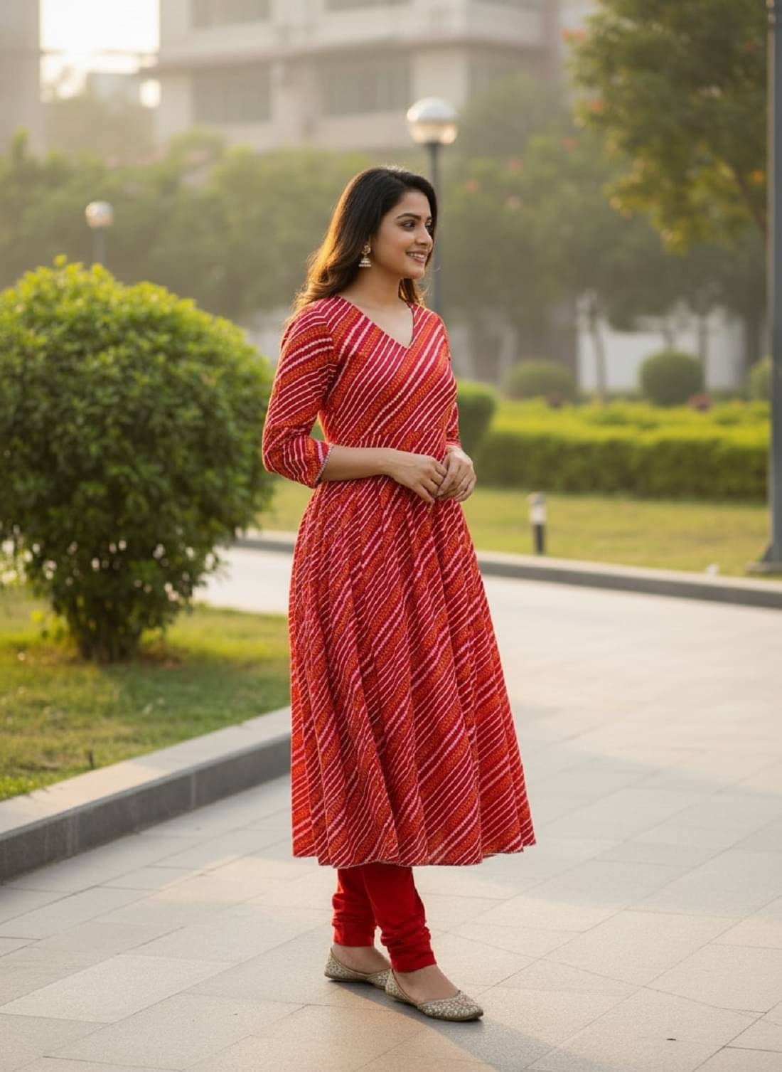 Gobya Women Cotton Printed Anarkali Kurti With Pants ( Red )     			Gobya Women Cotton Printed Anarkali Kurti With Pants ( Red )