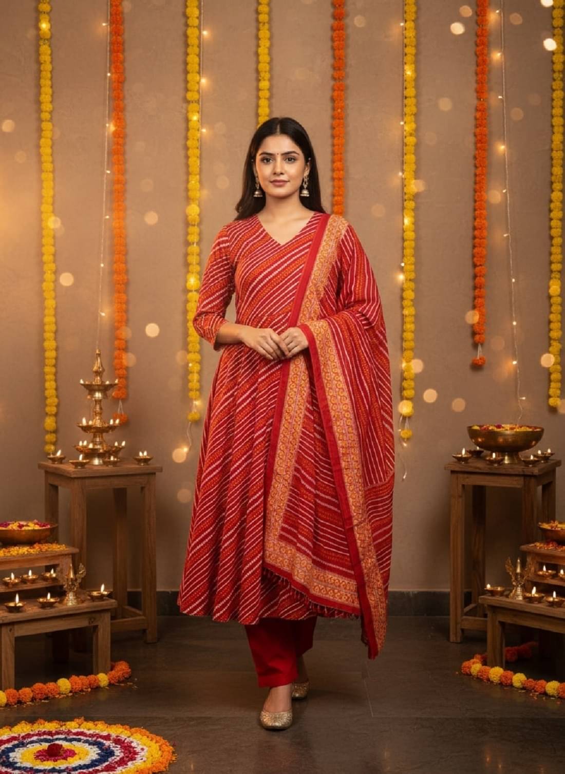 Gobya Women Cotton Printed Anarkali Kurti With Pants ( Red )     			Gobya Women Cotton Printed Anarkali Kurti With Pants ( Red )