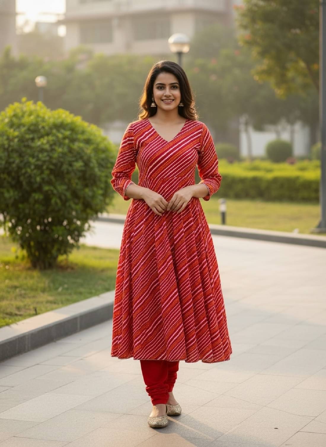 Gobya Women Cotton Printed Anarkali Kurti With Pants ( Red )     			Gobya Women Cotton Printed Anarkali Kurti With Pants ( Red )