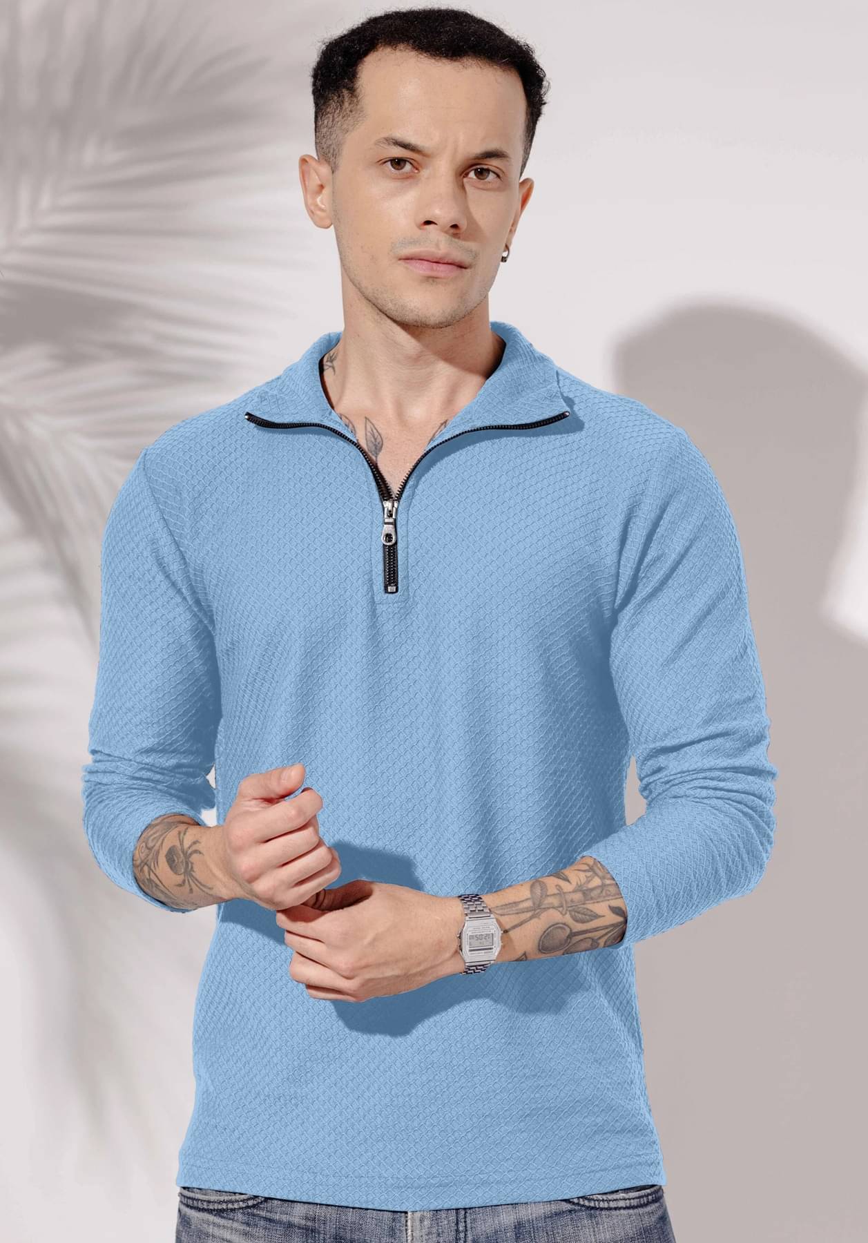 KAJARU Men Cotton Blend Regular Fit Self Design Polo T Shirt ( Sky Blue ) KAJARU Men Cotton Blend Regular Fit Self Design Polo T Shirt ( Sky Blue )