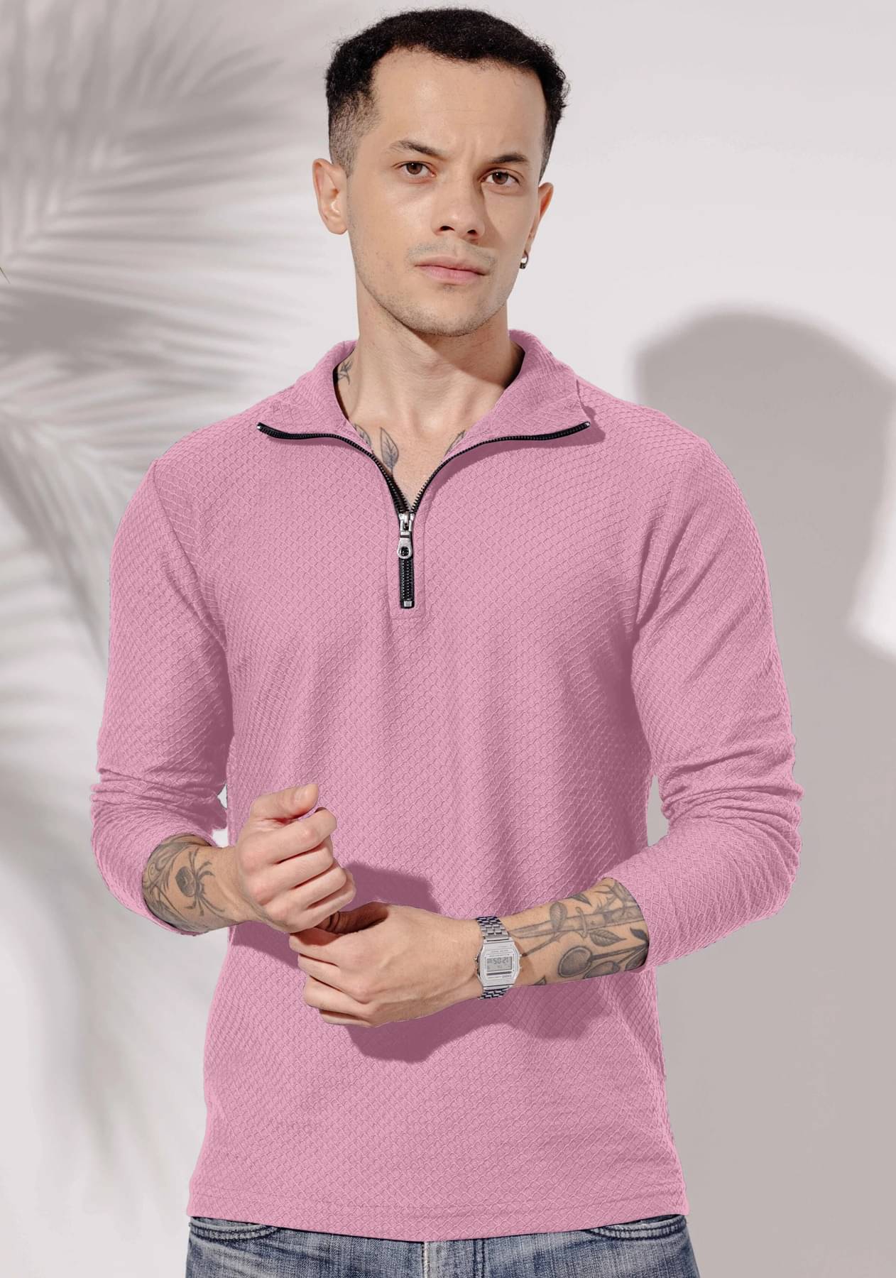 KAJARU Men Cotton Blend Regular Fit Self Design Polo T Shirt ( Pink )     			KAJARU Men Cotton Blend Regular Fit Self Design Polo T Shirt ( Pink )