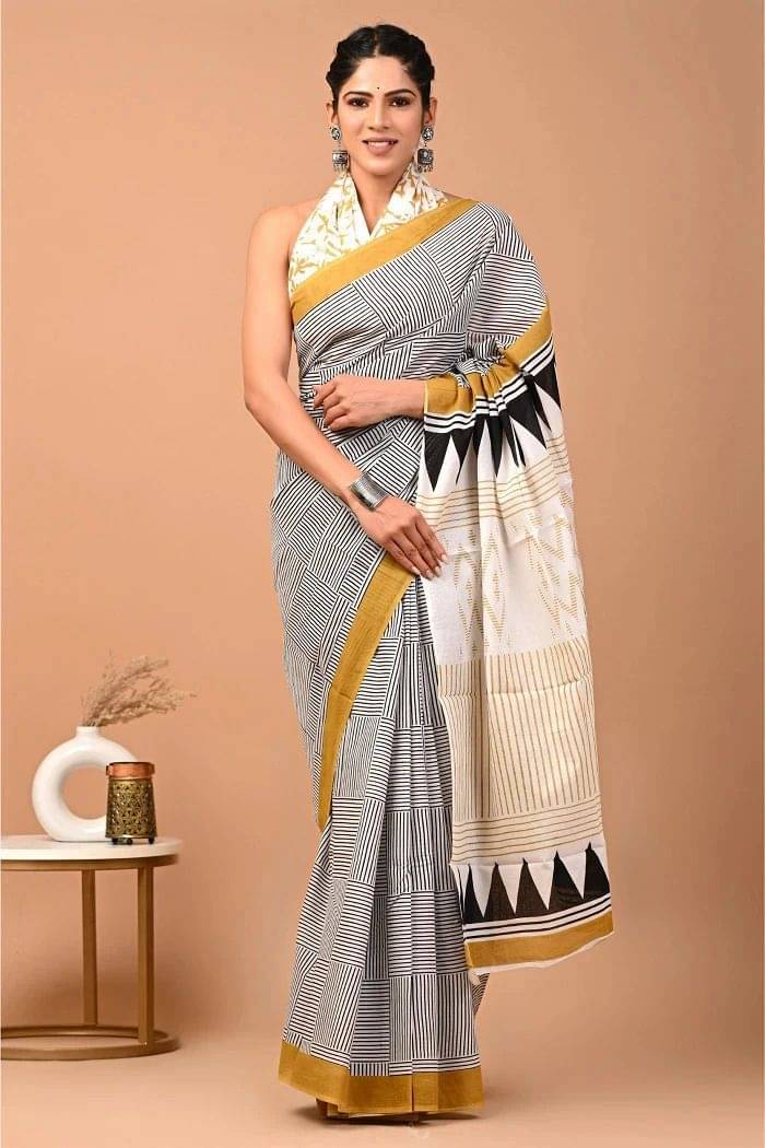 Lovwear Cotton Printed Regular Saree With Unstitched Blouse Piece ( Yellow,Black )     			Lovwear Cotton Printed Regular Saree With Unstitched Blouse Piece ( Yellow,Black )