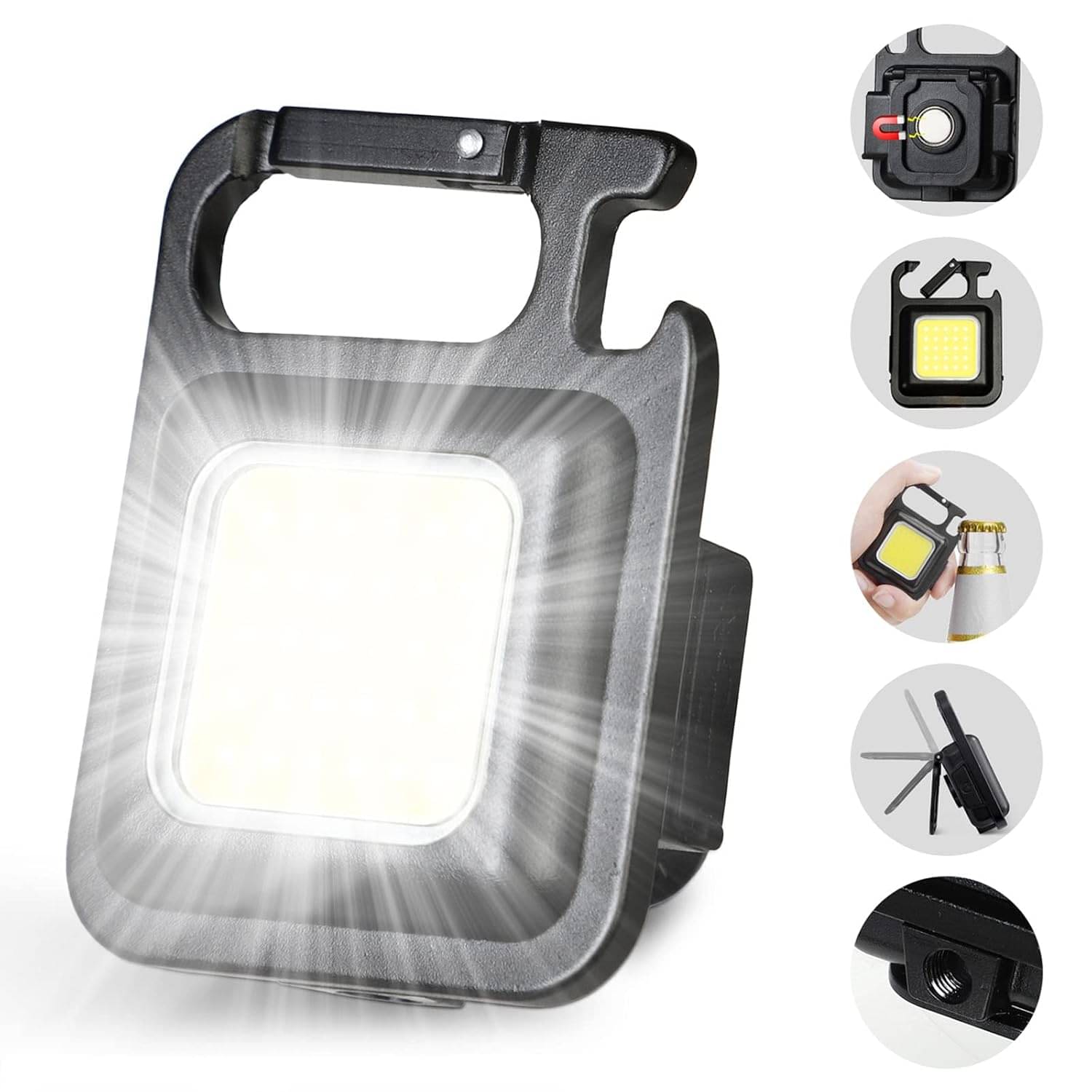     			MAGNIQUE 1 Pc LED Mini Cob Keychain and Magentic Flashlight Portable USB Rechargeable Light 3 Light Modes for Walking, Camping, Square, Black, 1000 Lumen