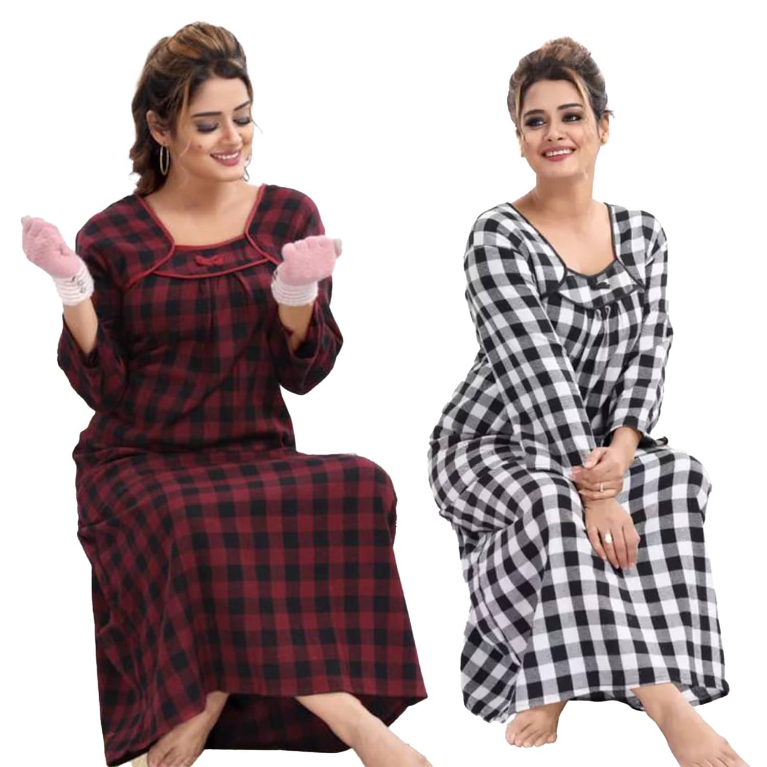     			MS SELECTION Woollen Checked Women Regular Nighty ( Maroon )