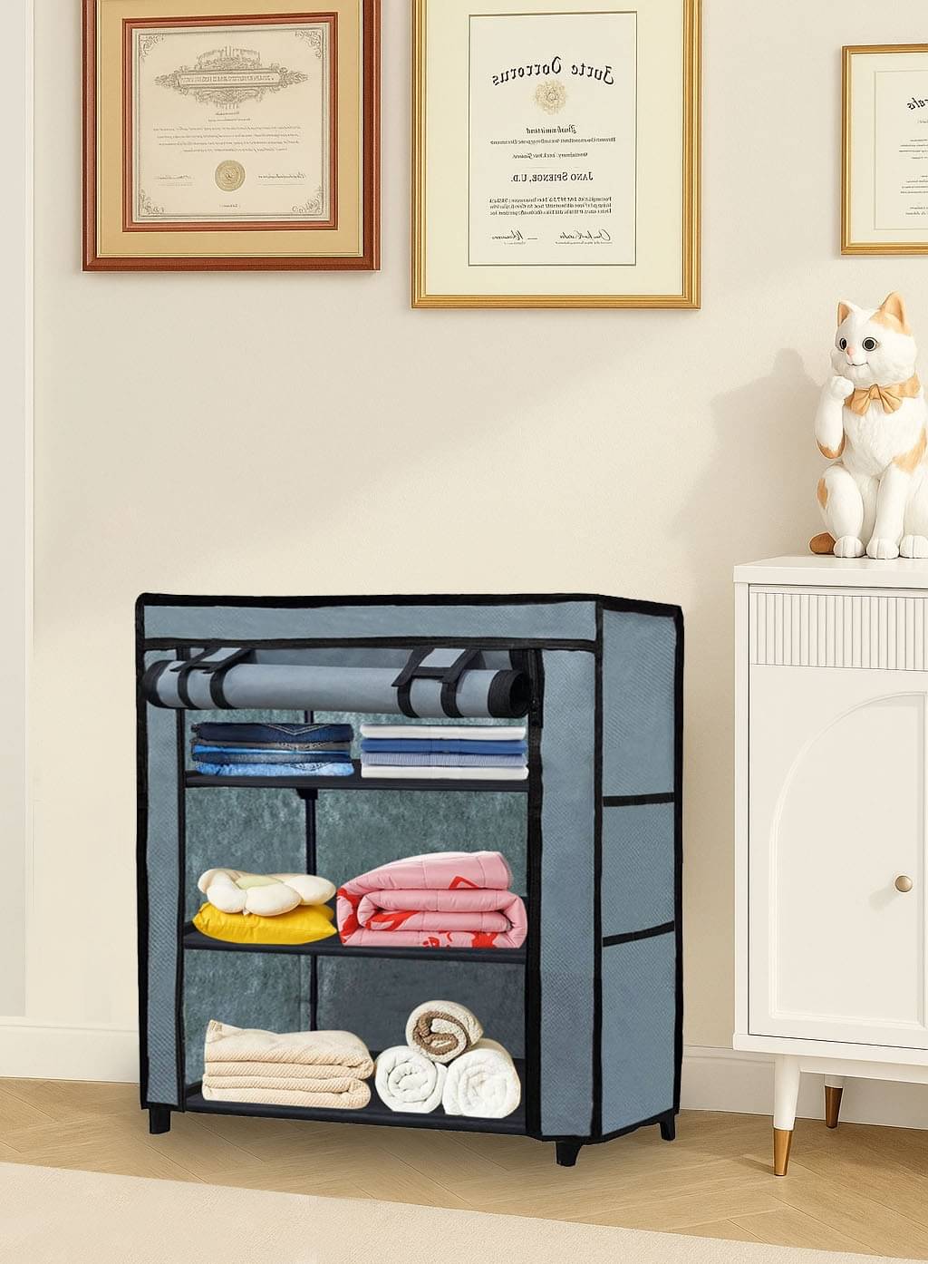     			Premium Steel Frame Wardrobe with Elegant Fabric Cover