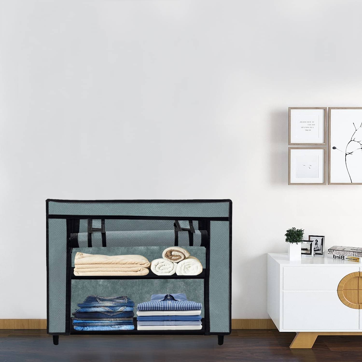     			Premium Steel Frame Wardrobe with Elegant Fabric Cover