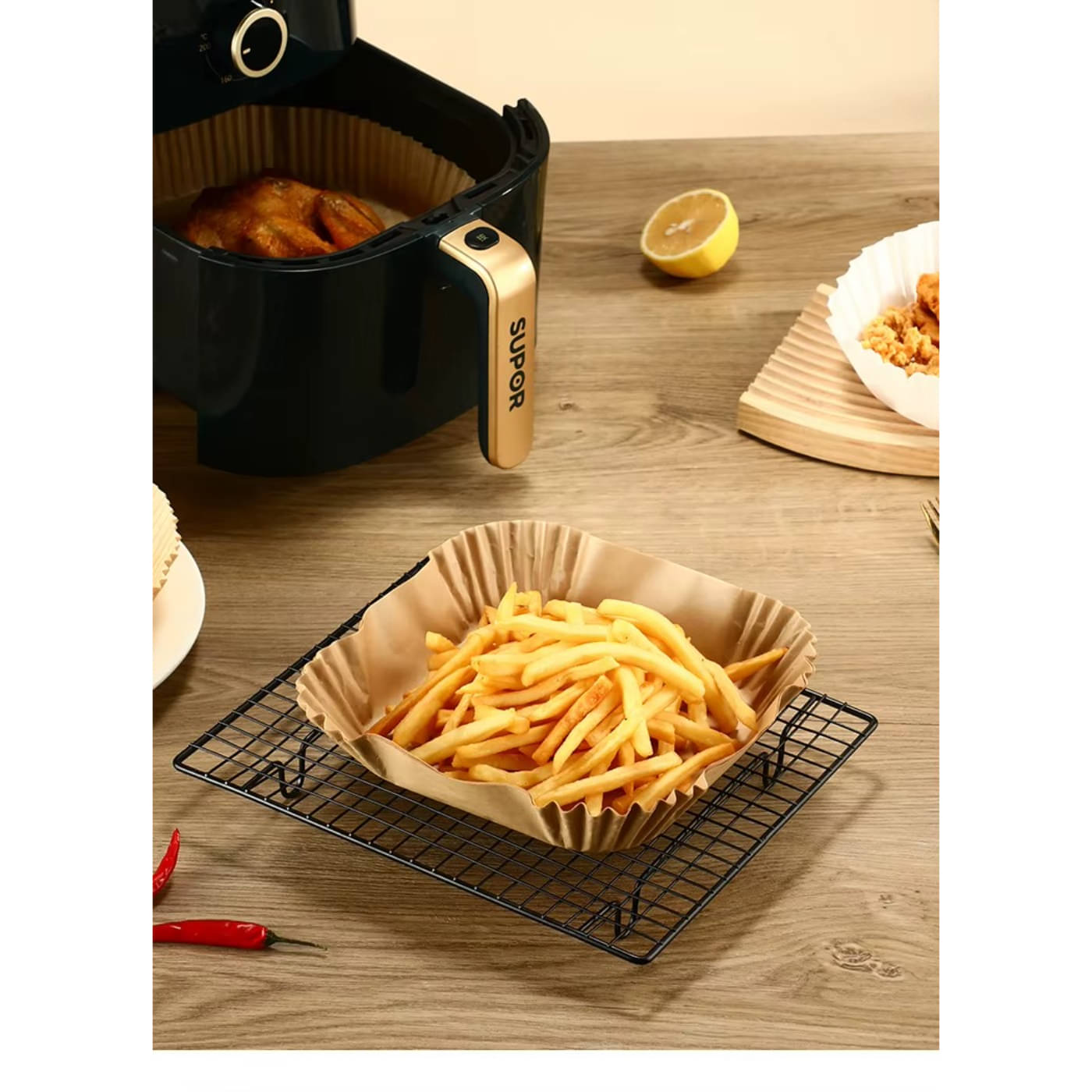 Radhe Creation Air Fryer Paper Liners 8 Inch Square 100 Pcs, Disposable Non-Stick Oil-Proof Baking Parchment Paper Liners, Food Grade Basket Liner Fit for 5-8 QT Air Fryer, Oven, Microwave, Steamer Cooking     			Radhe Creation Air Fryer Paper Liners 8 Inch Square 100 Pcs, Disposable Non-Stick Oil-Proof Baking Parchment Paper Liners, Food Grade Basket Liner Fit for 5-8 QT Air Fryer, Oven, Microwave, Steamer Cooking