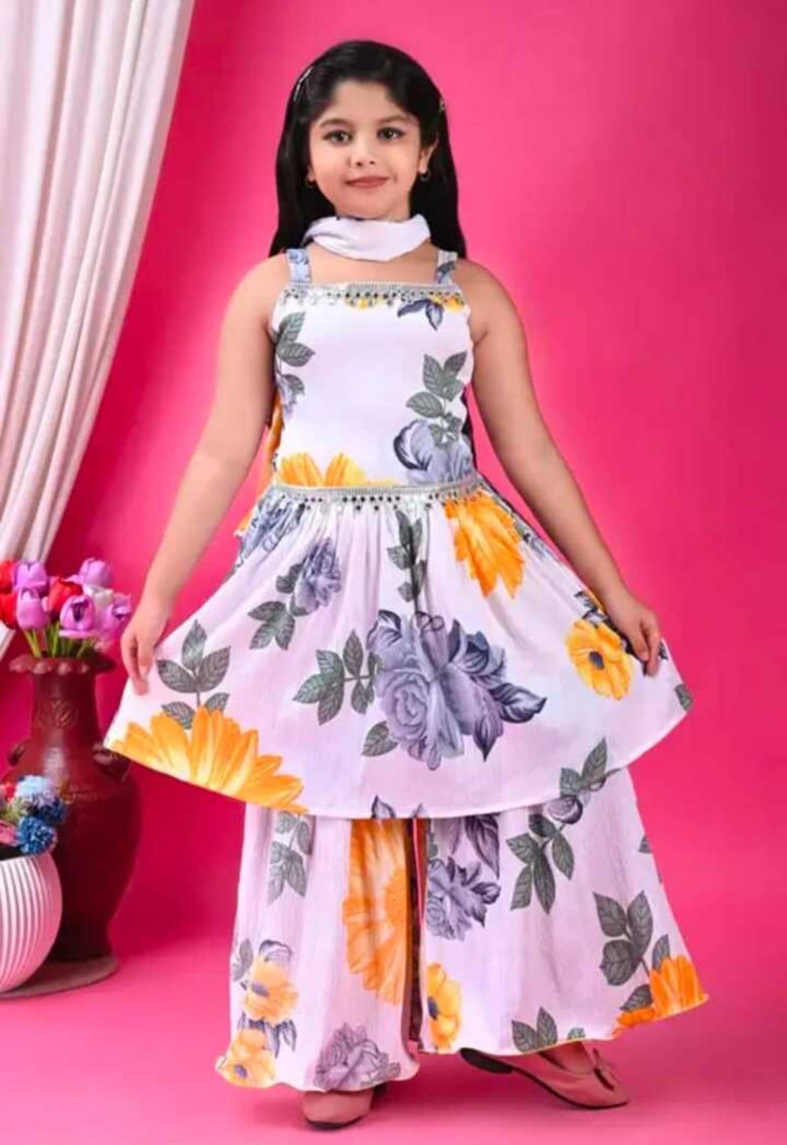 SM glob Girls Cotton Blend Kurti with Sharara ( Pack of 1 , Yellow )
