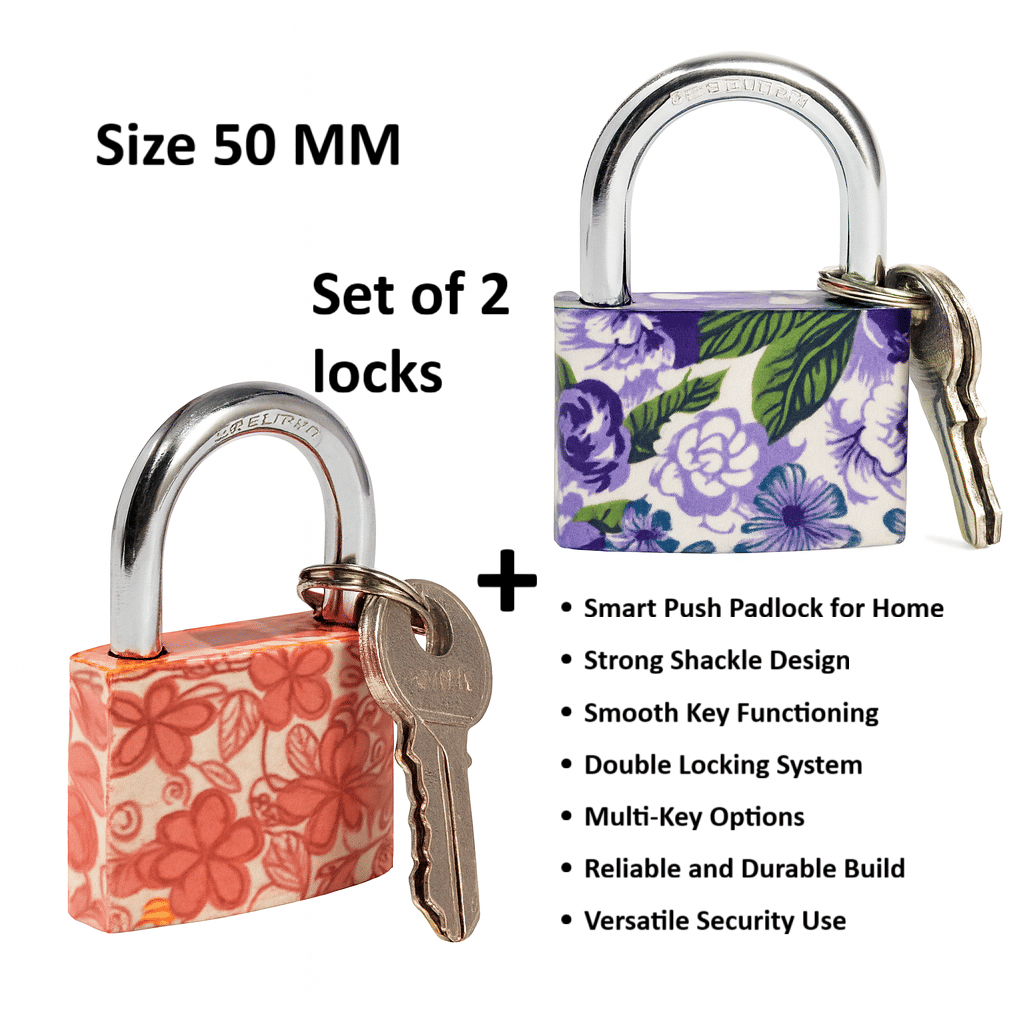 Pack of 2 locks, 50MM Size Smart Push Padlock for Home Main Door and Gate | Heavy Duty Iron Security Pad locks with 3 Keys | Tala Chabi lock for Home | Strong, Durable, Stylish Design for Indoor & Outdoor Use padlocks