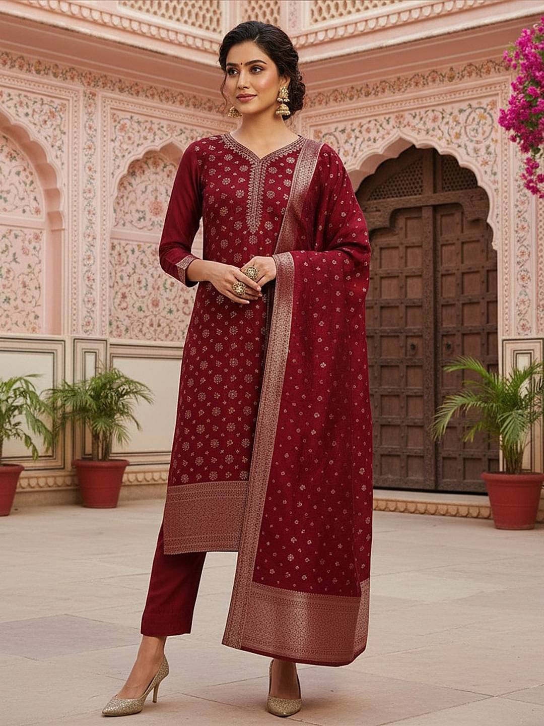 Vaamsi Women Chanderi Embellished Straight Kurti With Pants ( Red )     			Vaamsi Women Chanderi Embellished Straight Kurti With Pants ( Red )