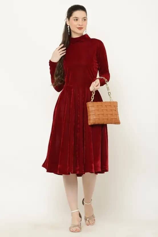Westchic Women Velvet Solid A-line Dress ( Maroon )