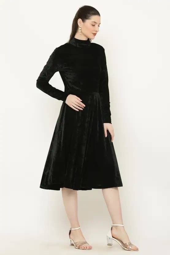 Westchic Women Velvet Solid A-line Dress ( Black )     			Westchic Women Velvet Solid A-line Dress ( Black )
