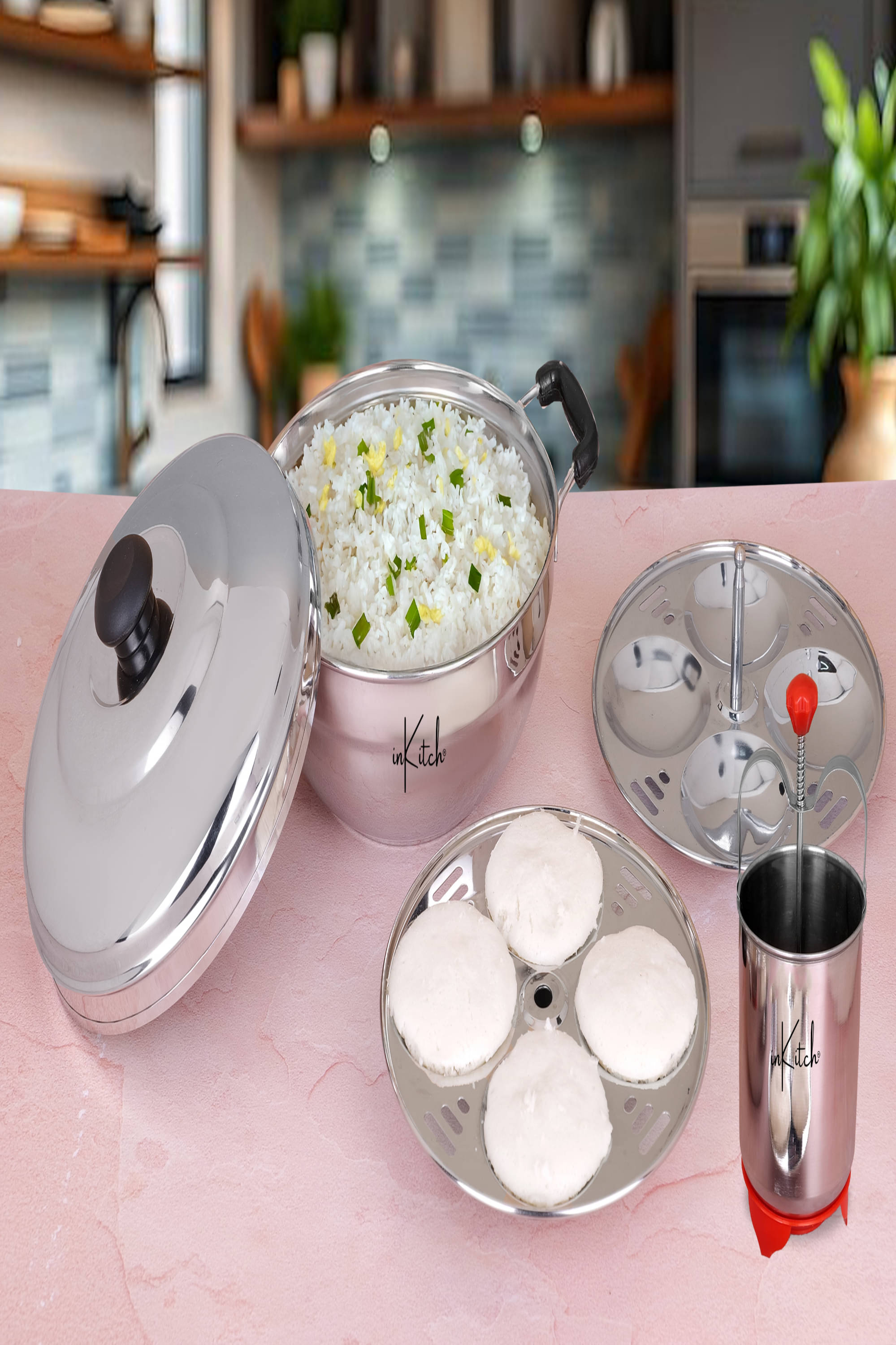 inKitch Idli + Vada Maker Non Coated Stainless Steel Idli Cooker     			inKitch Idli + Vada Maker Non Coated Stainless Steel Idli Cooker