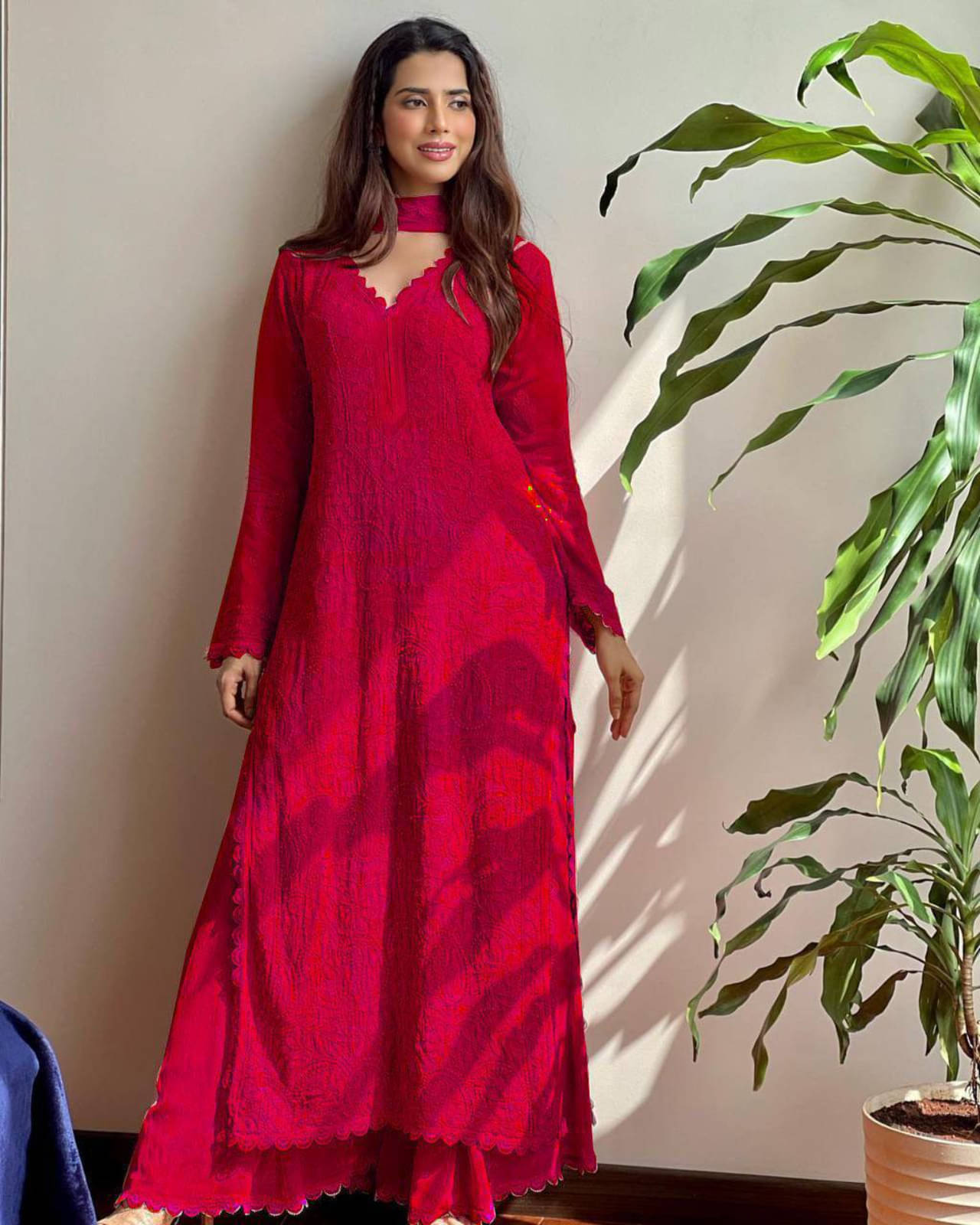 kastbhanjan Women Georgette Embroidered A-line Kurti With Palazzo ( Red )     			kastbhanjan Women Georgette Embroidered A-line Kurti With Palazzo ( Red )
