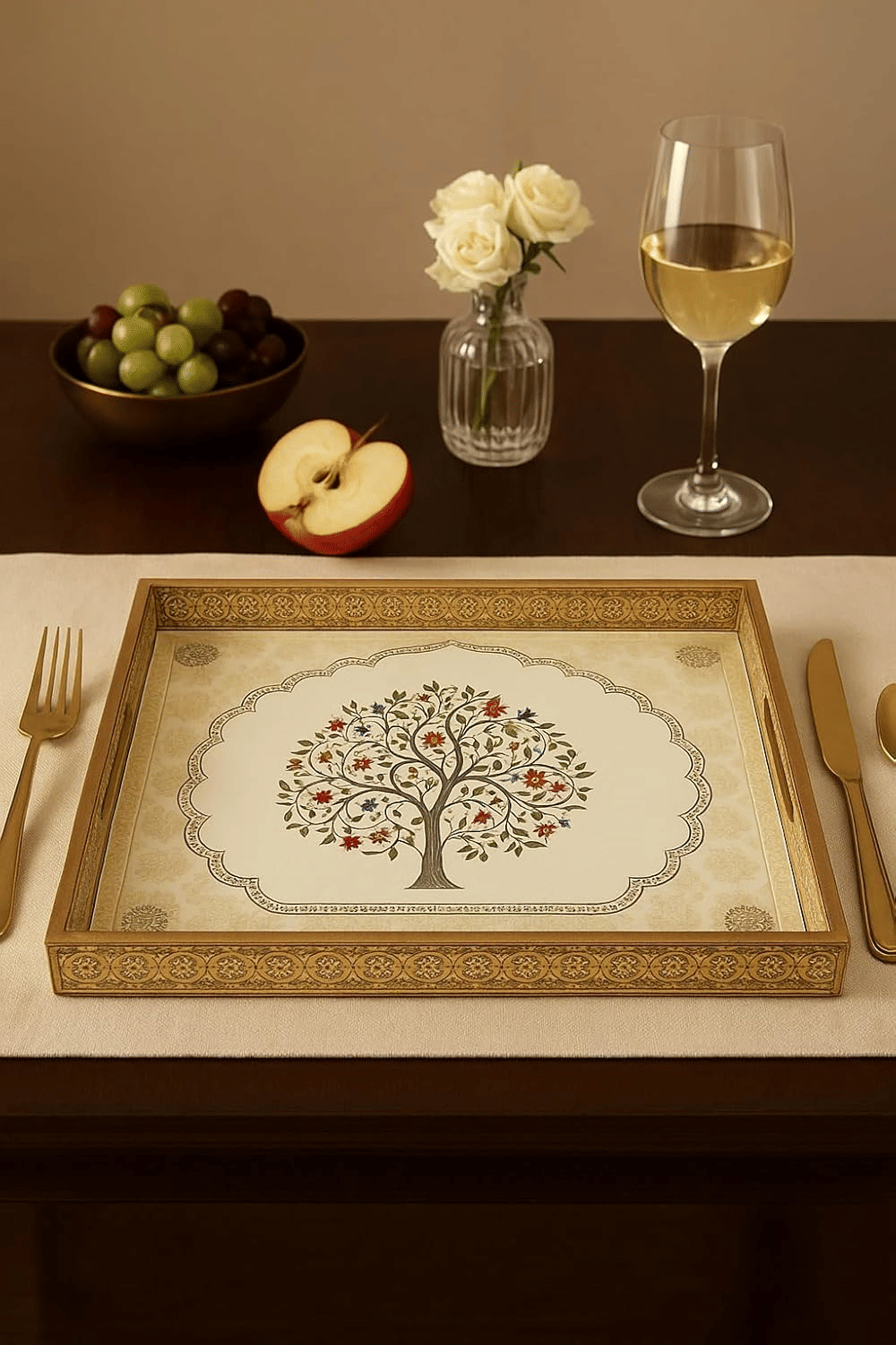     			klassy finds decorative tray-003 Printed Wooden Serving Tray 1000 ml Gold ( Set of 3 )