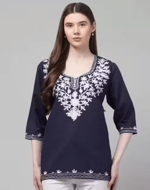     			one amore Women Cotton Embroidered Straight Kurti ( Blue )