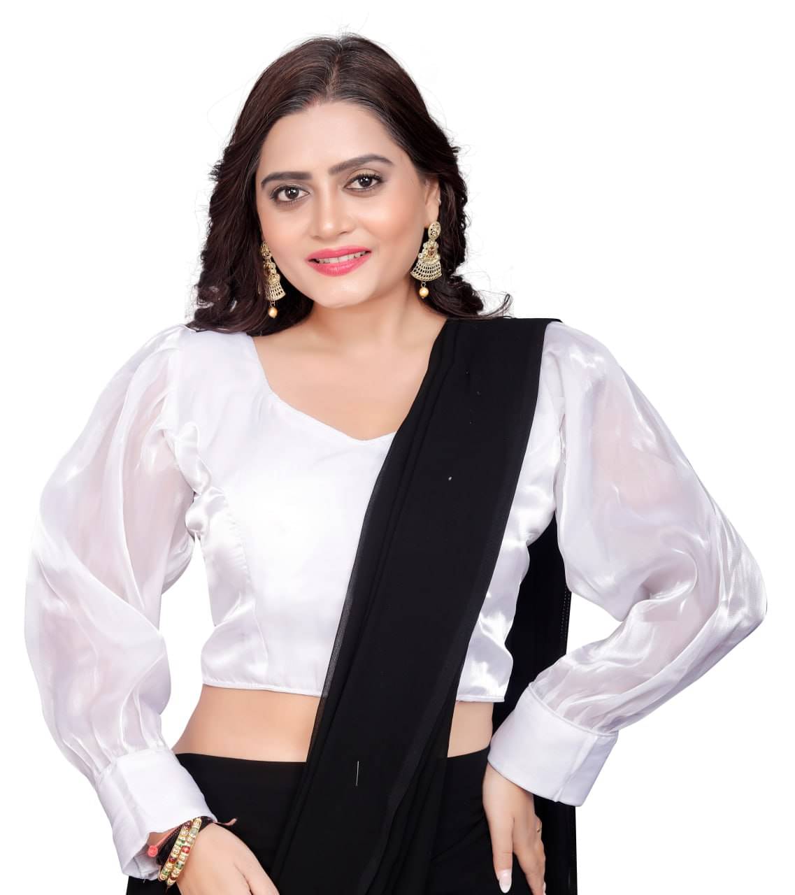 Bigbest Feb Art Silk Readymade with Pad V-Neck Women's Blouse ( White )     			Bigbest Feb Art Silk Readymade with Pad V-Neck Women's Blouse ( White )