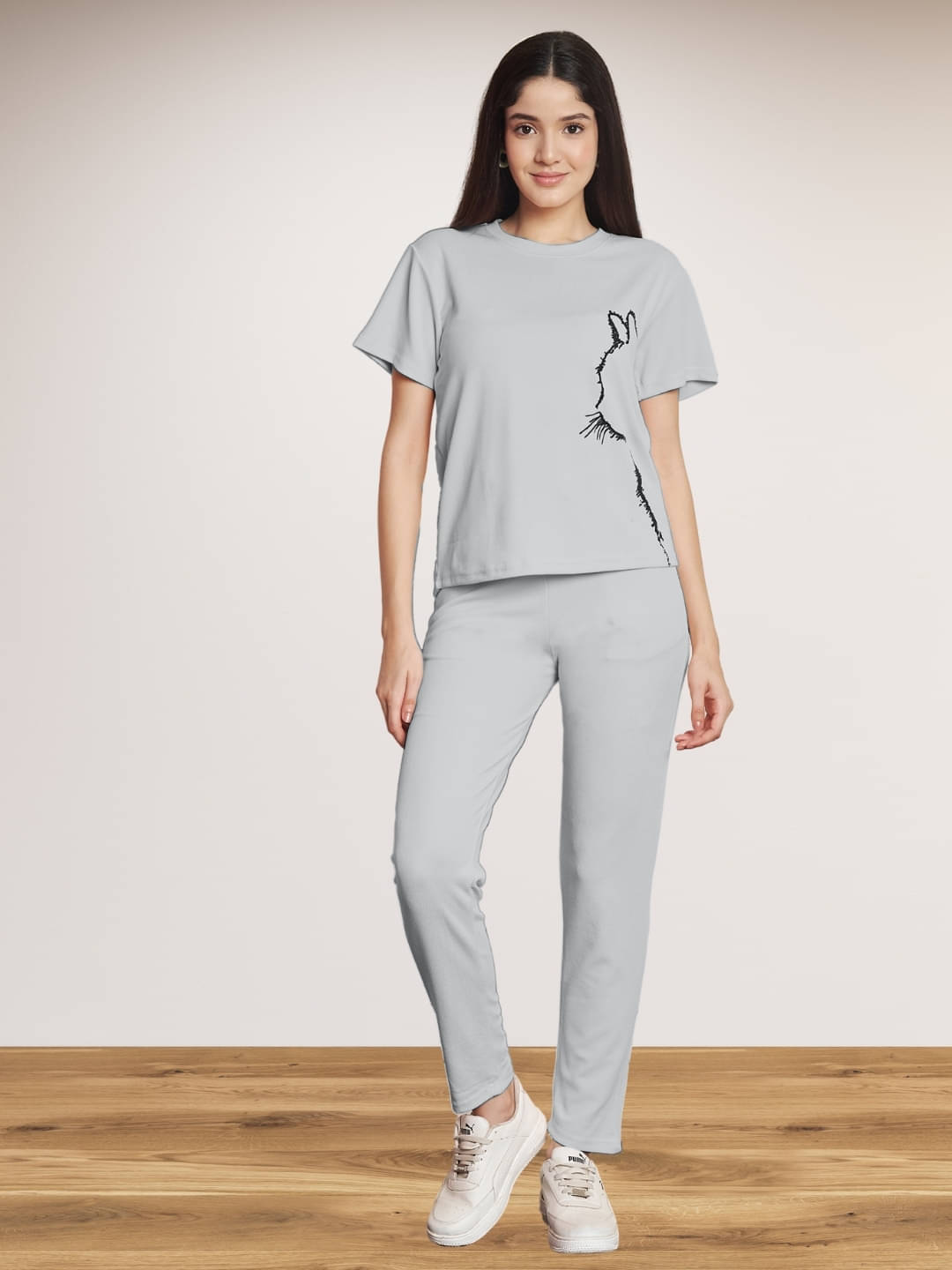 DE TRENDZ Women Printed T-Shirt With Trousers Co-Ord Set ( Grey )     			DE TRENDZ Women Printed T-Shirt With Trousers Co-Ord Set ( Grey )