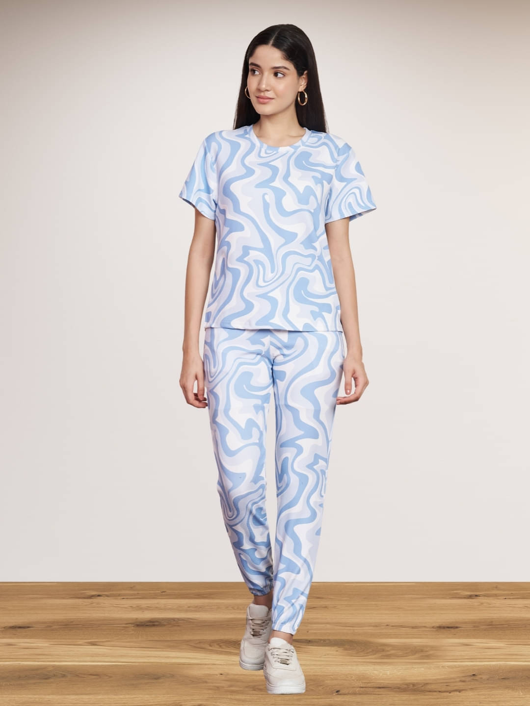     			DE TRENDZ Women Printed T-Shirt With Trousers Co-Ord Set ( Blue )