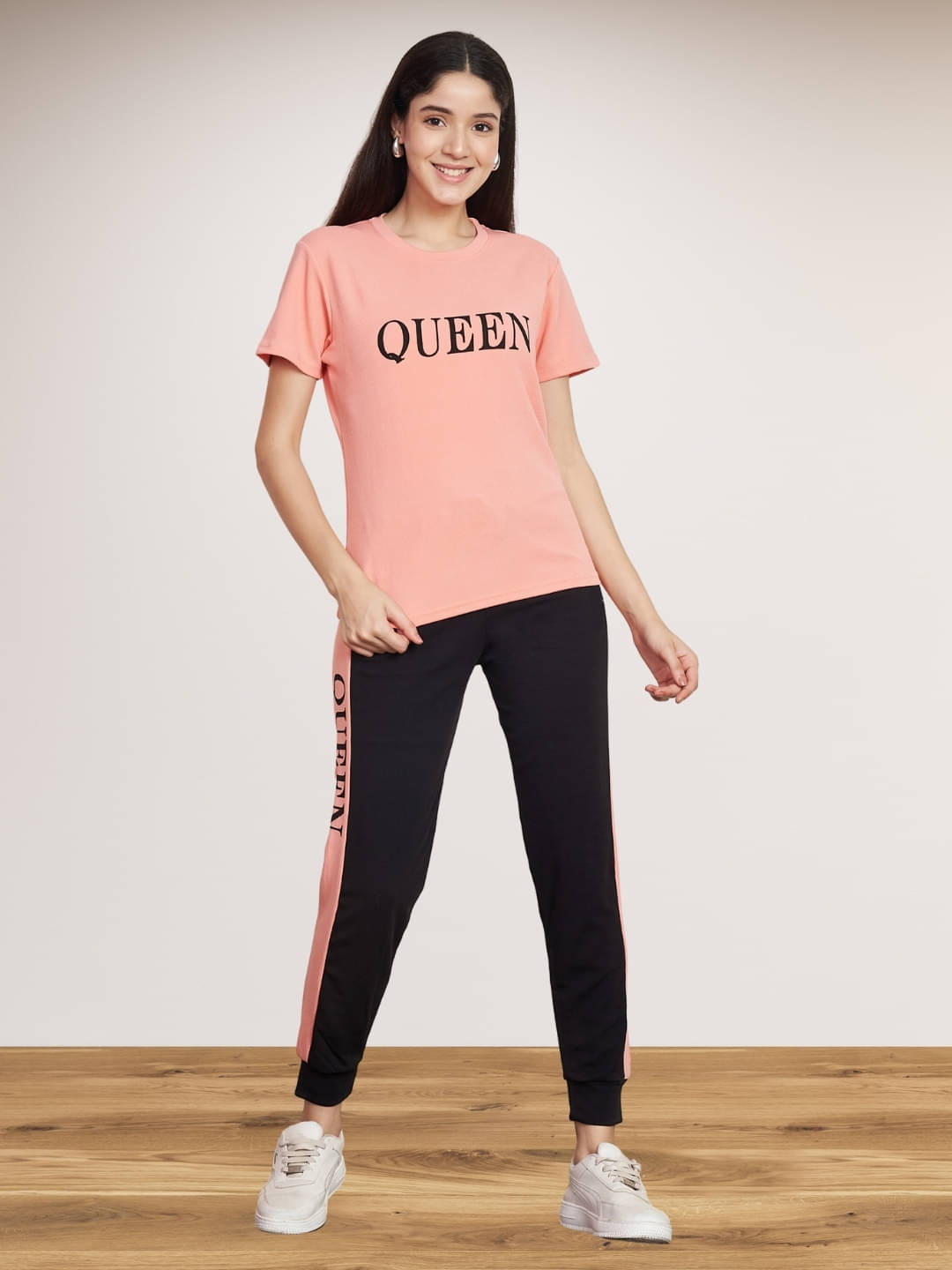 DE TRENDZ Women Printed T-Shirt With Trousers Co-Ord Set ( Pink )     			DE TRENDZ Women Printed T-Shirt With Trousers Co-Ord Set ( Pink )