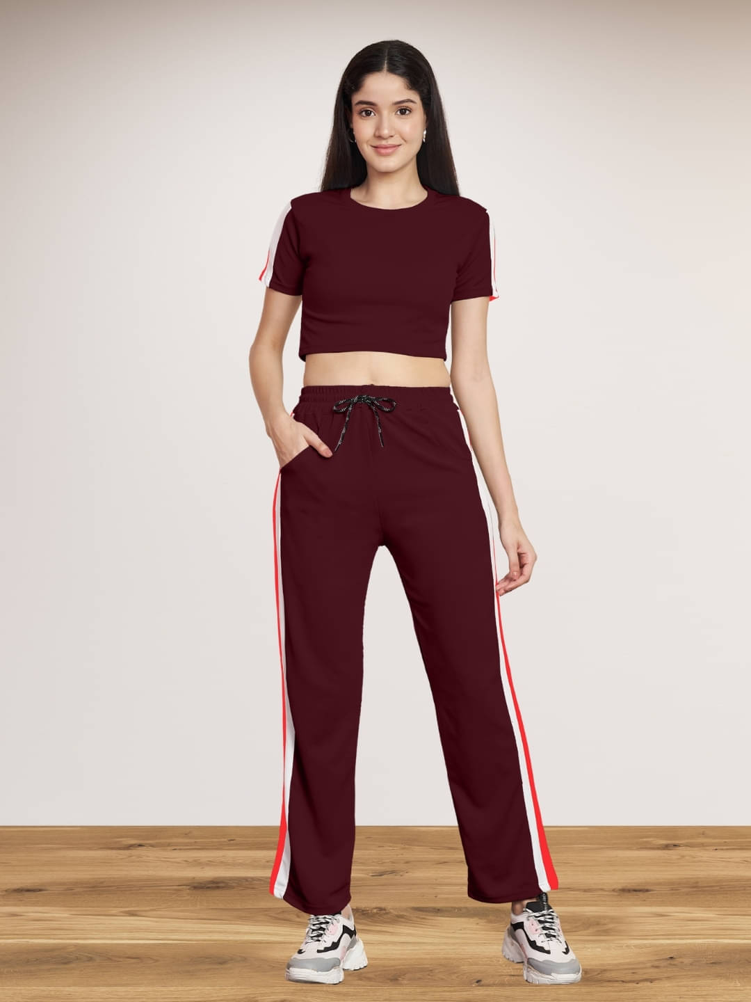 DE TRENDZ Women Solid T-Shirt With Trousers Co-Ord Set ( Maroon )     			DE TRENDZ Women Solid T-Shirt With Trousers Co-Ord Set ( Maroon )