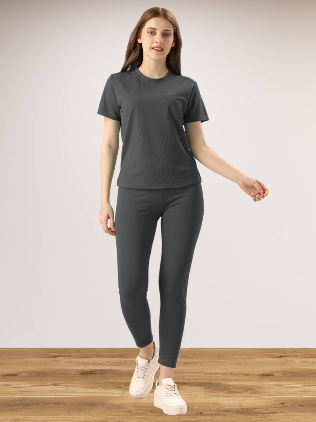 DE TRENDZ Women Solid T-Shirt With Trousers Co-Ord Set ( Dark Grey )     			DE TRENDZ Women Solid T-Shirt With Trousers Co-Ord Set ( Dark Grey )