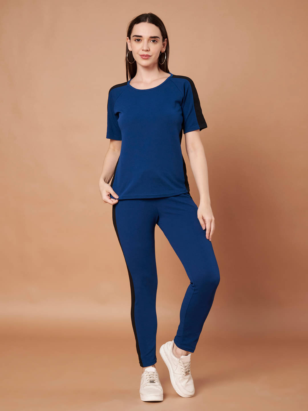 DE TRENDZ Women Solid T-Shirt With Trousers Co-Ord Set ( Blue )     			DE TRENDZ Women Solid T-Shirt With Trousers Co-Ord Set ( Blue )