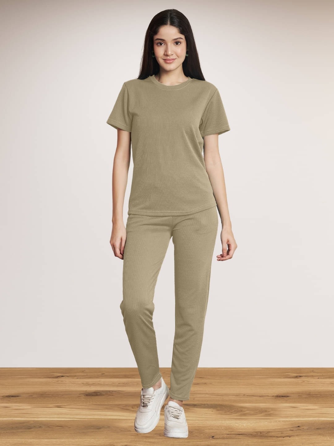 DE TRENDZ Women Solid T-Shirt With Trousers Co-Ord Set ( Beige )     			DE TRENDZ Women Solid T-Shirt With Trousers Co-Ord Set ( Beige )