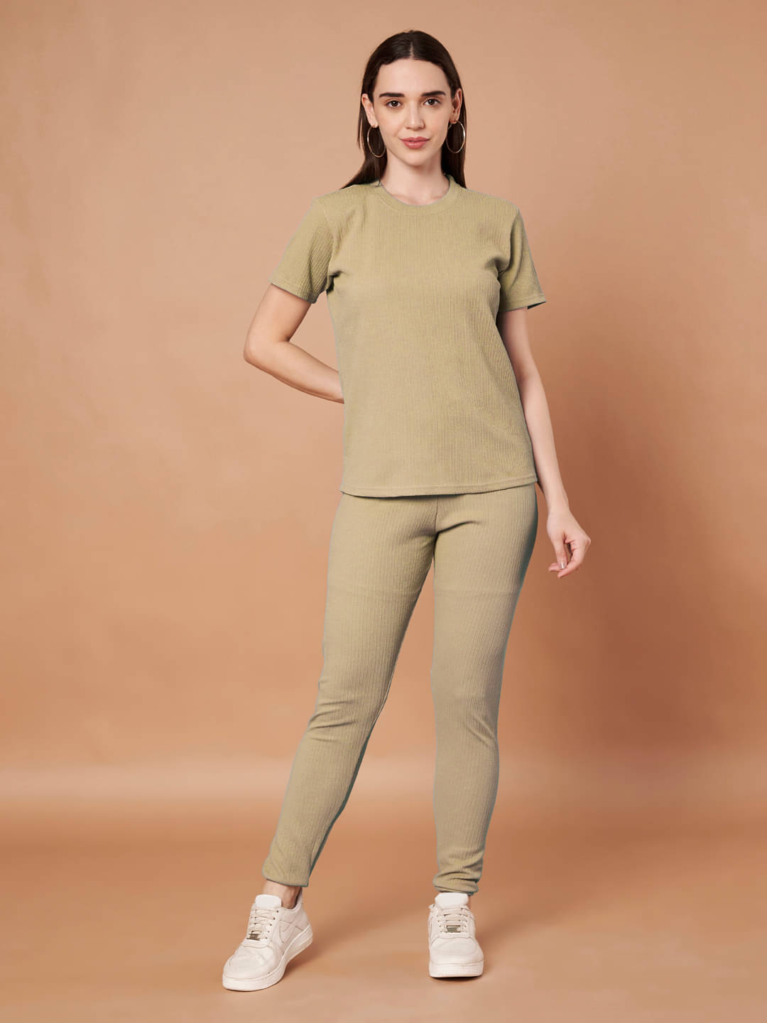 DE TRENDZ Women Solid T-Shirt With Trousers Co-Ord Set ( Beige )     			DE TRENDZ Women Solid T-Shirt With Trousers Co-Ord Set ( Beige )