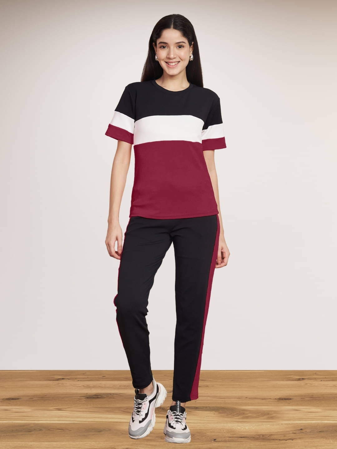 DE TRENDZ Women Striped T-Shirt With Trousers Co-Ord Set ( Red )     			DE TRENDZ Women Striped T-Shirt With Trousers Co-Ord Set ( Red )
