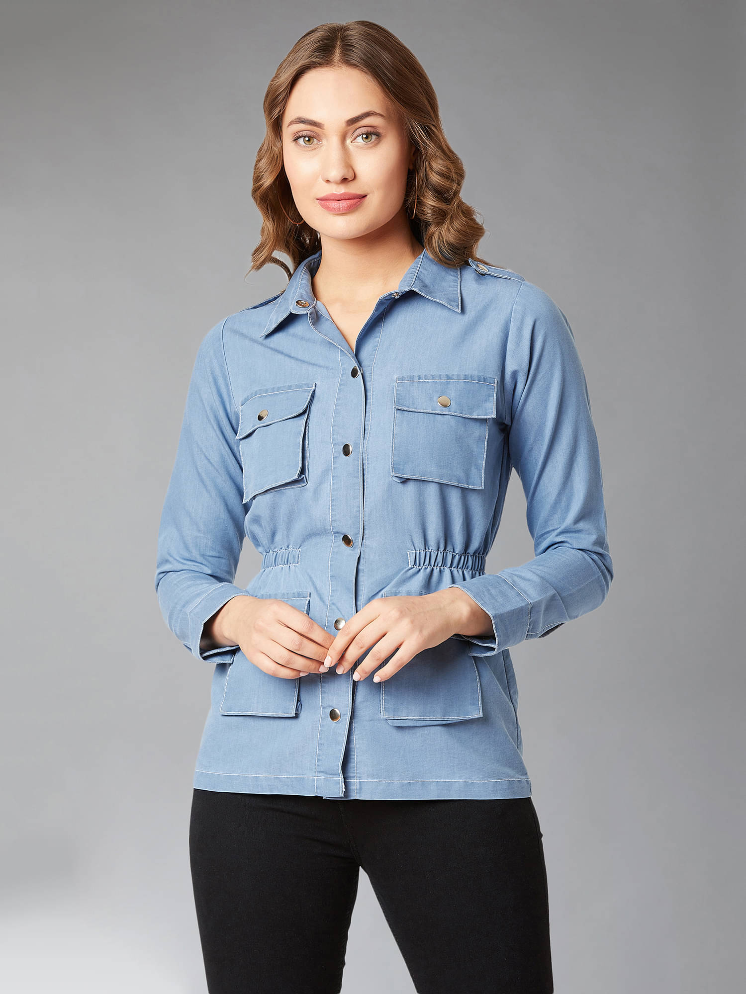 Dolce Crudo Women Shirt Collar Bomber Jacket ( Light Blue )     			Dolce Crudo Women Shirt Collar Bomber Jacket ( Light Blue )