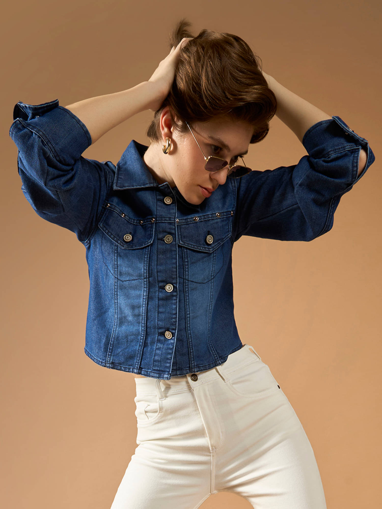 Dolce Crudo Women Shirt Collar Bomber Jacket ( Navy Blue )     			Dolce Crudo Women Shirt Collar Bomber Jacket ( Navy Blue )