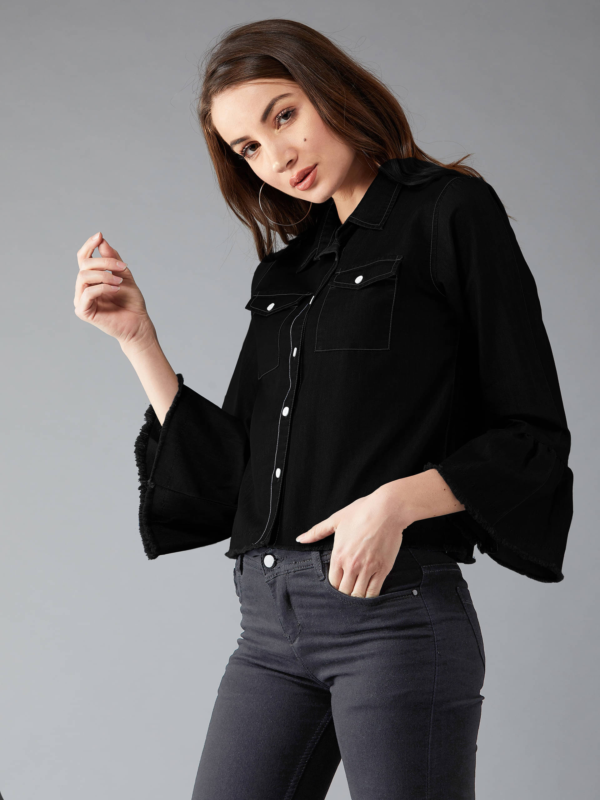 Dolce Crudo Women Shirt Collar Bomber Jacket ( Black )     			Dolce Crudo Women Shirt Collar Bomber Jacket ( Black )