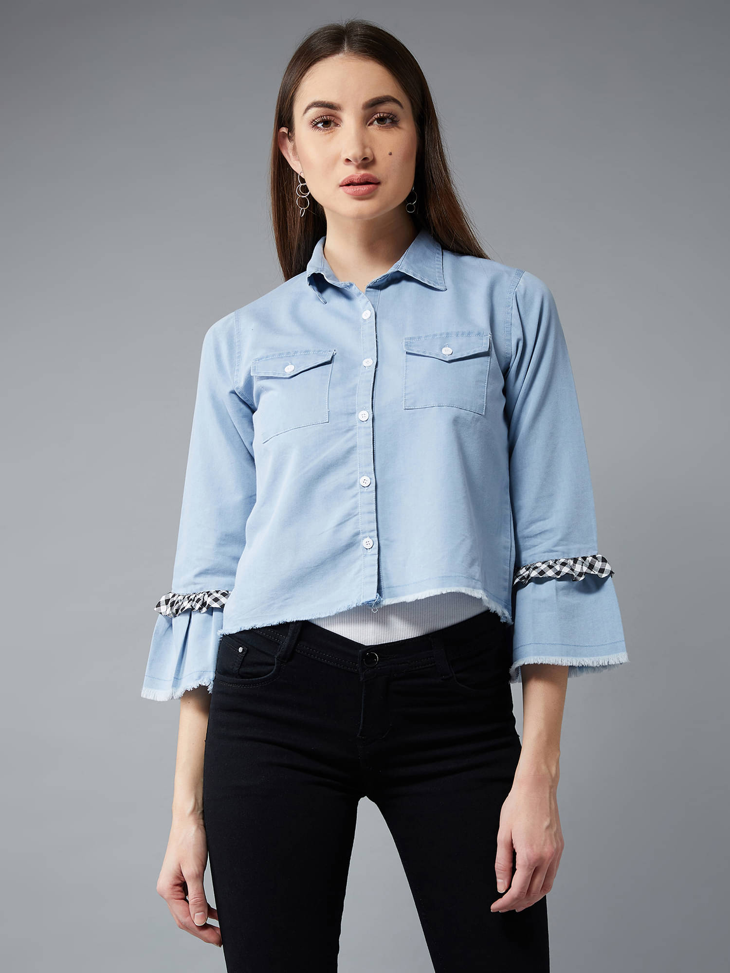 Dolce Crudo Women Shirt Collar Bomber Jacket ( Light Blue )     			Dolce Crudo Women Shirt Collar Bomber Jacket ( Light Blue )