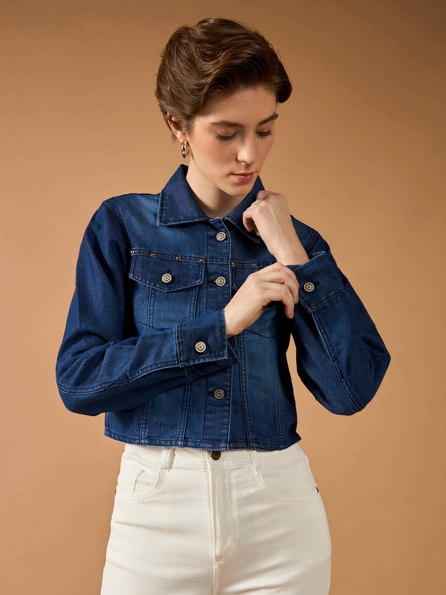 Dolce Crudo Women Shirt Collar Bomber Jacket ( Navy Blue )     			Dolce Crudo Women Shirt Collar Bomber Jacket ( Navy Blue )