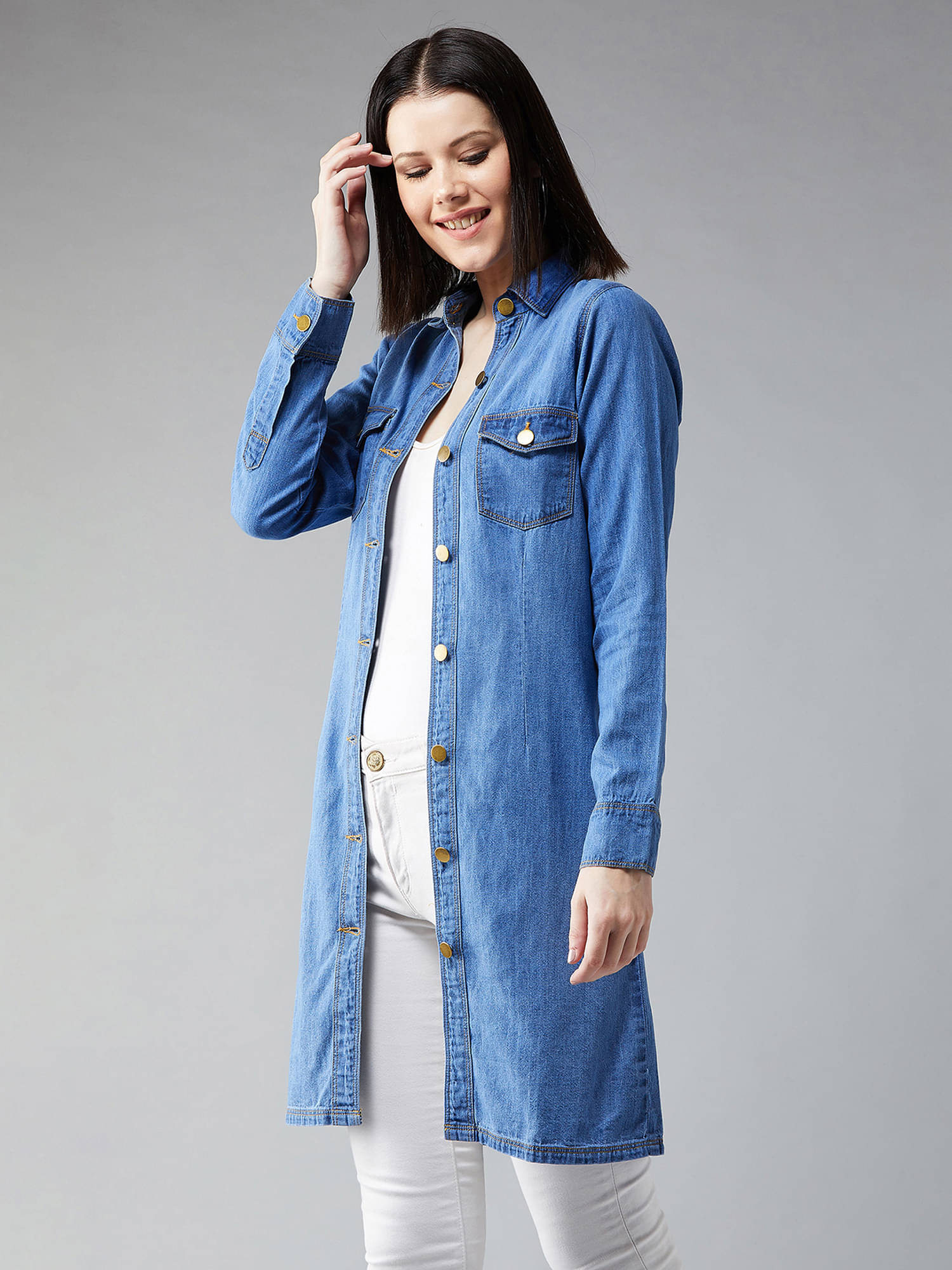 Dolce Crudo Women Shirt Collar Bomber Jacket ( Blue )     			Dolce Crudo Women Shirt Collar Bomber Jacket ( Blue )