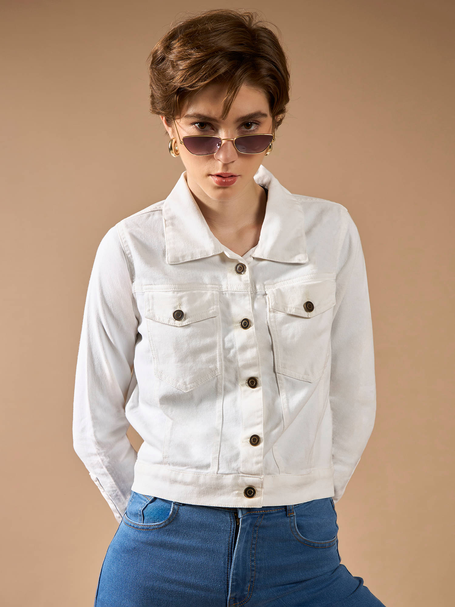 Dolce Crudo Women Shirt Collar Bomber Jacket ( White )     			Dolce Crudo Women Shirt Collar Bomber Jacket ( White )