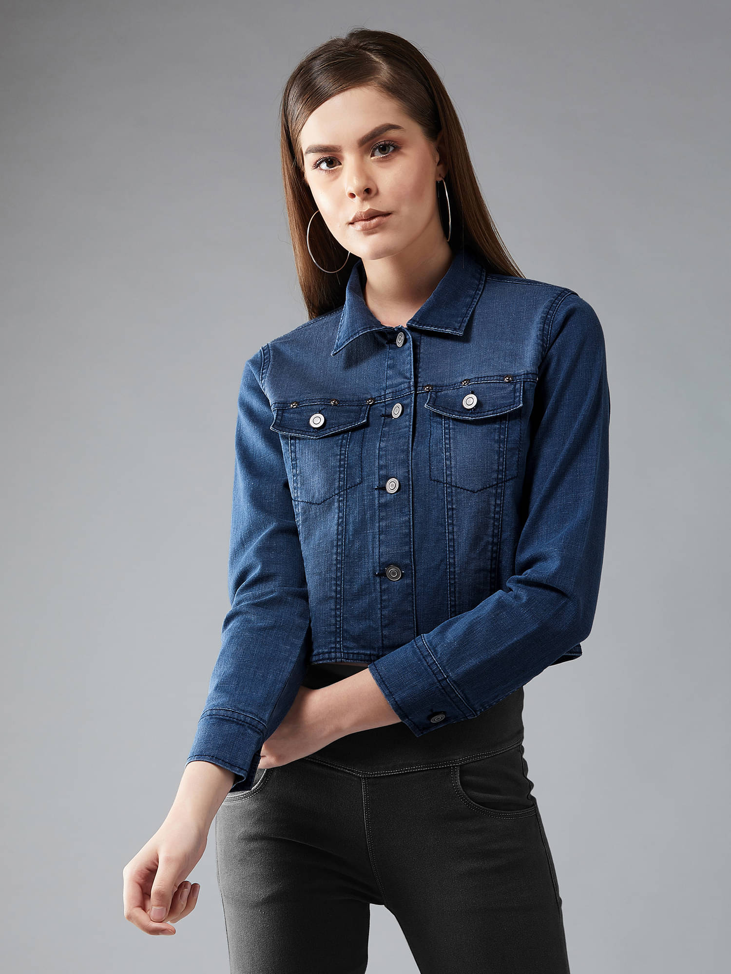 Dolce Crudo Women Shirt Collar Bomber Jacket ( Navy Blue )     			Dolce Crudo Women Shirt Collar Bomber Jacket ( Navy Blue )