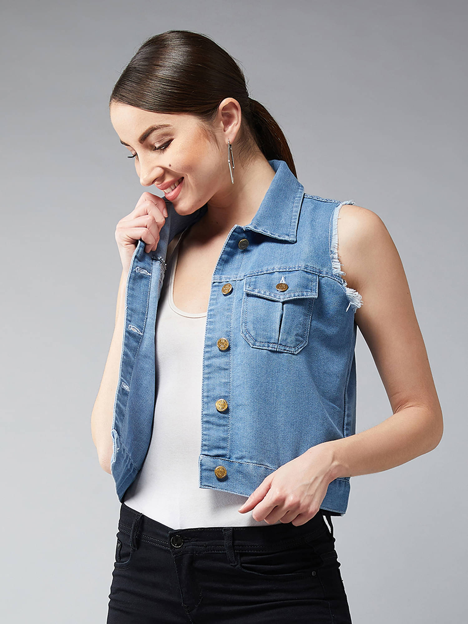 Dolce Crudo Women Shirt Collar Bomber Jacket ( Light Blue )     			Dolce Crudo Women Shirt Collar Bomber Jacket ( Light Blue )