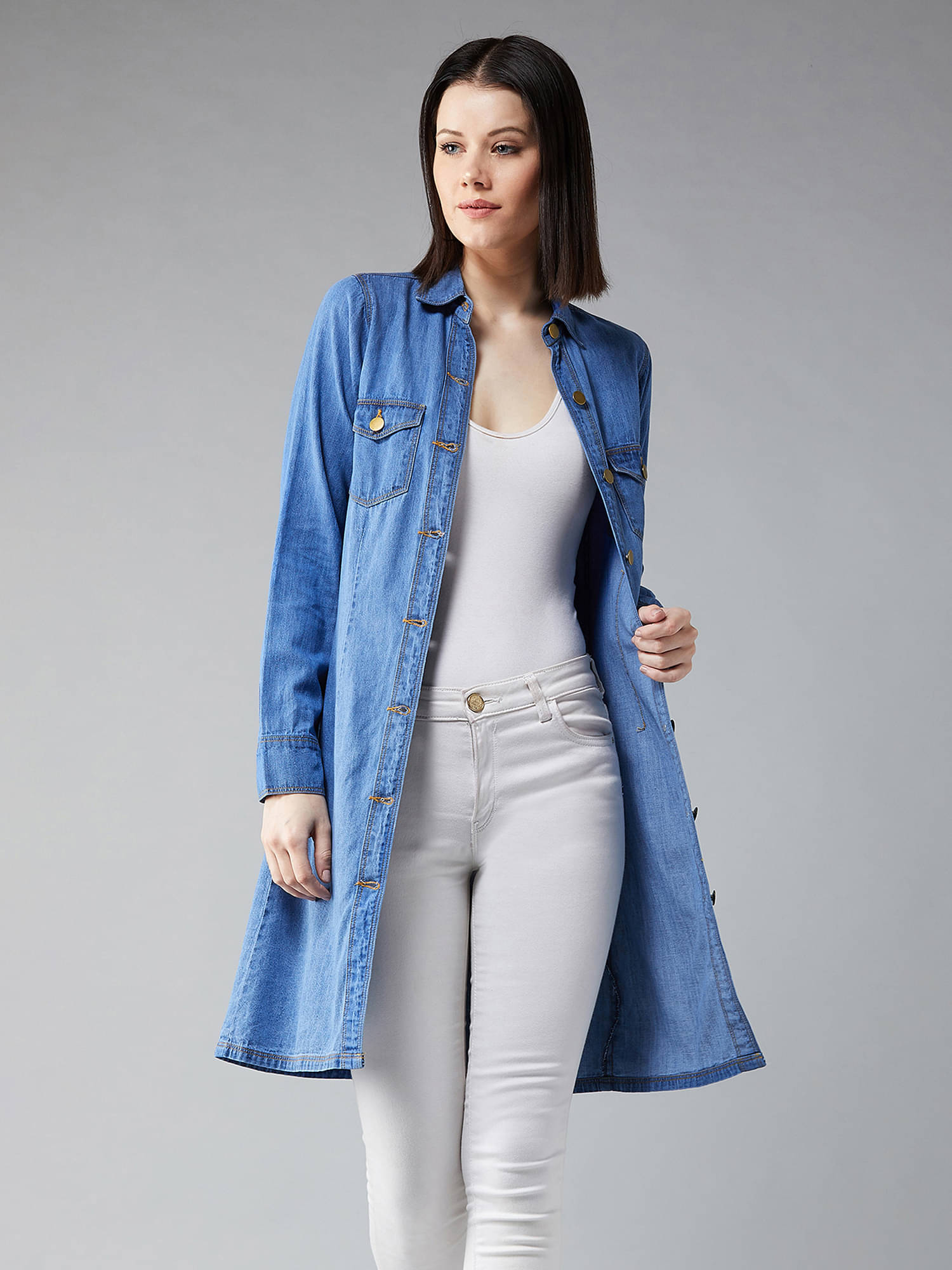 Dolce Crudo Women Shirt Collar Bomber Jacket ( Blue )     			Dolce Crudo Women Shirt Collar Bomber Jacket ( Blue )