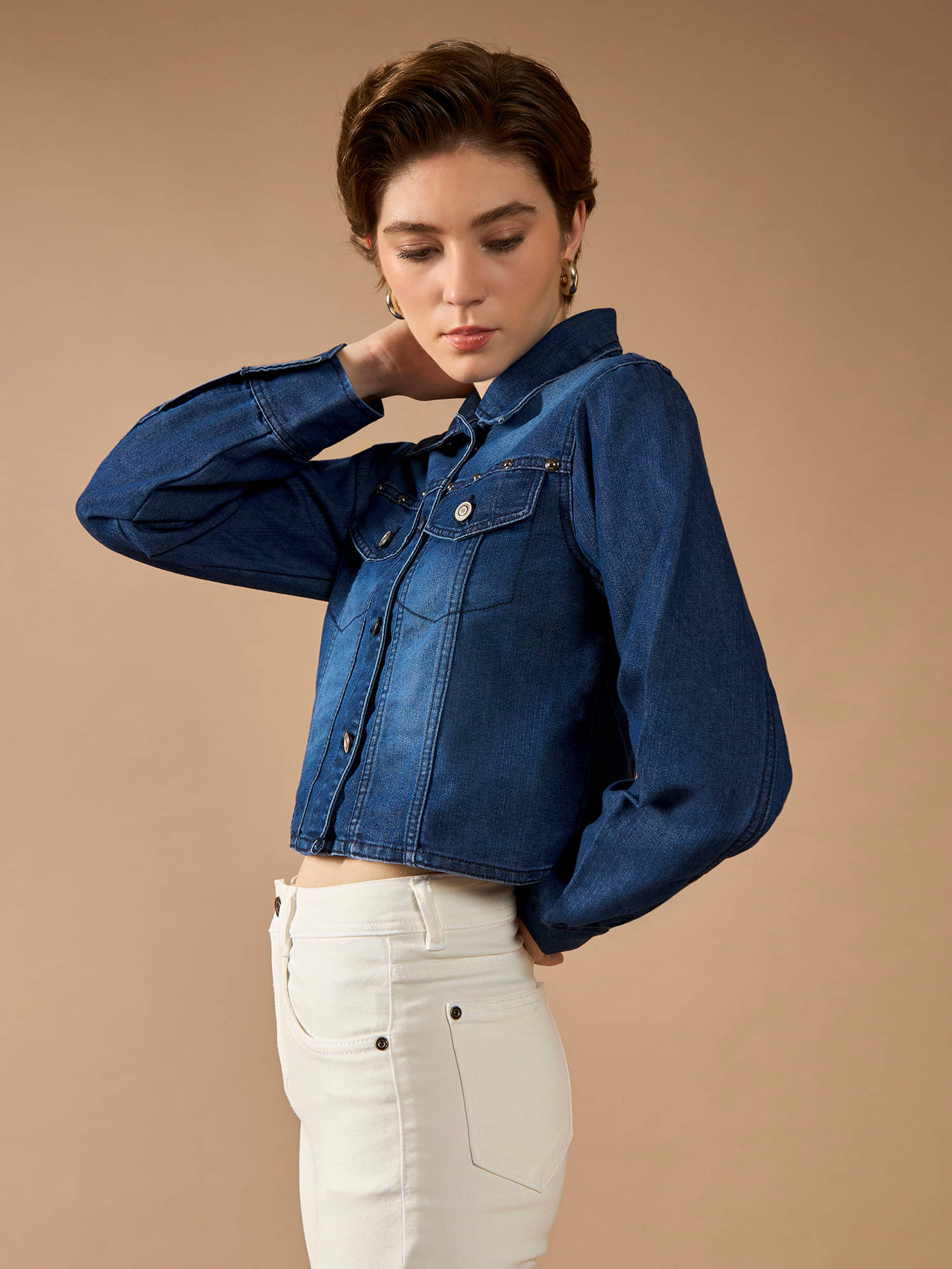 Dolce Crudo Women Shirt Collar Bomber Jacket ( Navy Blue )     			Dolce Crudo Women Shirt Collar Bomber Jacket ( Navy Blue )