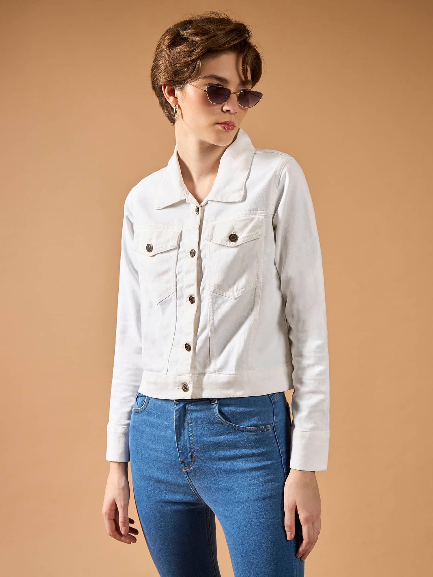 Dolce Crudo Women Shirt Collar Bomber Jacket ( White )     			Dolce Crudo Women Shirt Collar Bomber Jacket ( White )