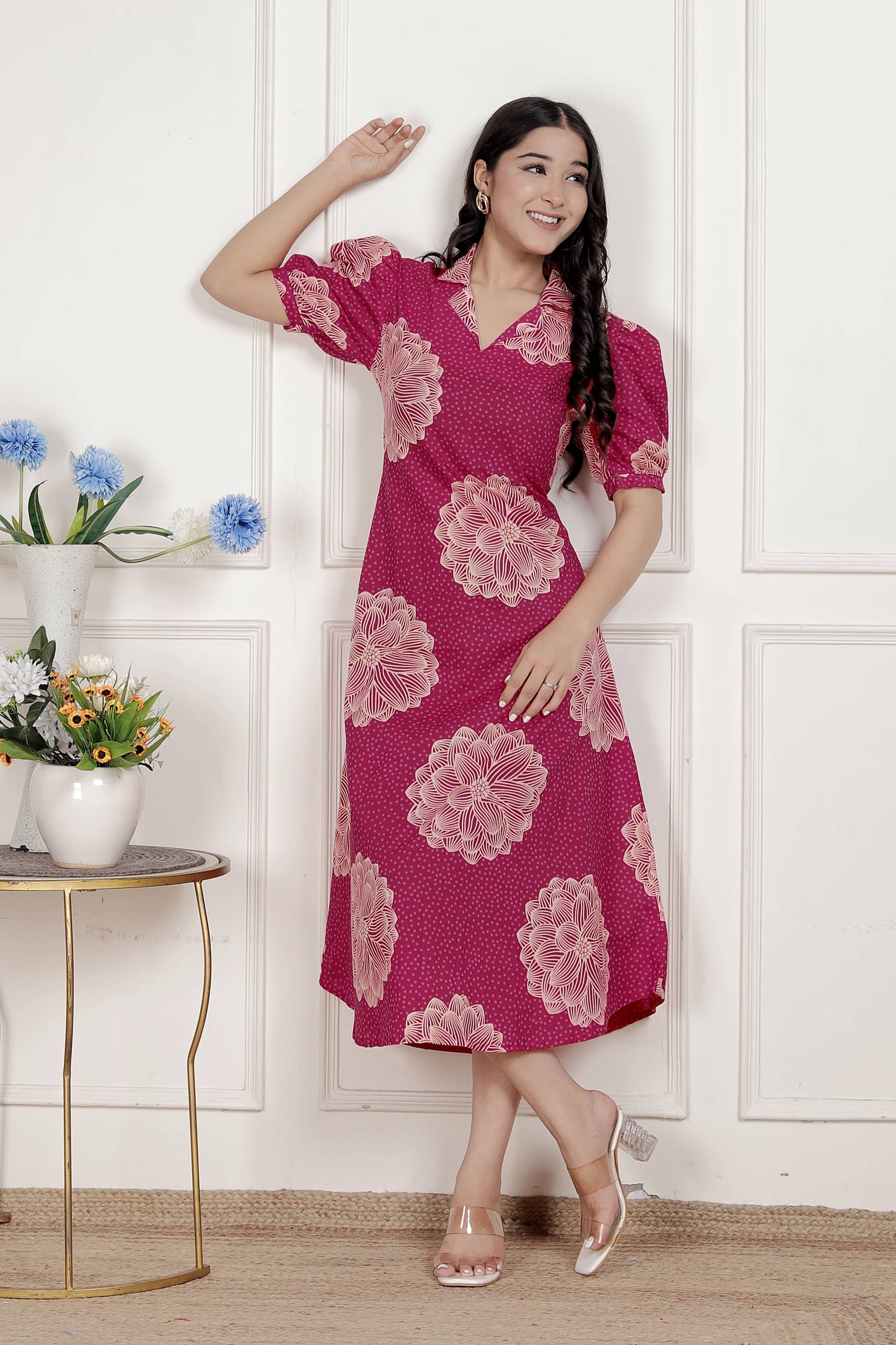 Doriyaan Women Cotton Printed A-line Dress ( Pink )     			Doriyaan Women Cotton Printed A-line Dress ( Pink )