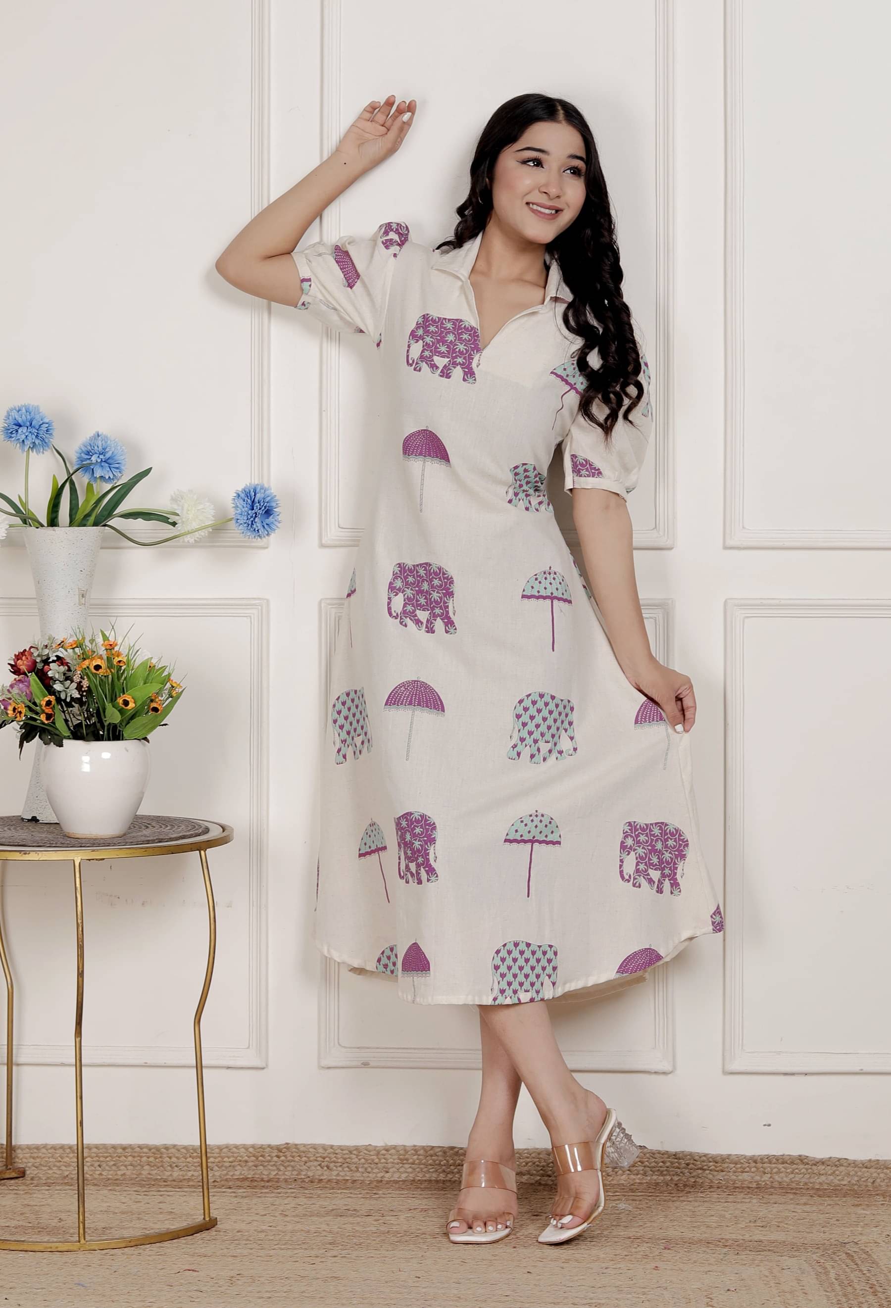 Doriyaan Women Cotton Printed A-line Dress ( Off White )     			Doriyaan Women Cotton Printed A-line Dress ( Off White )