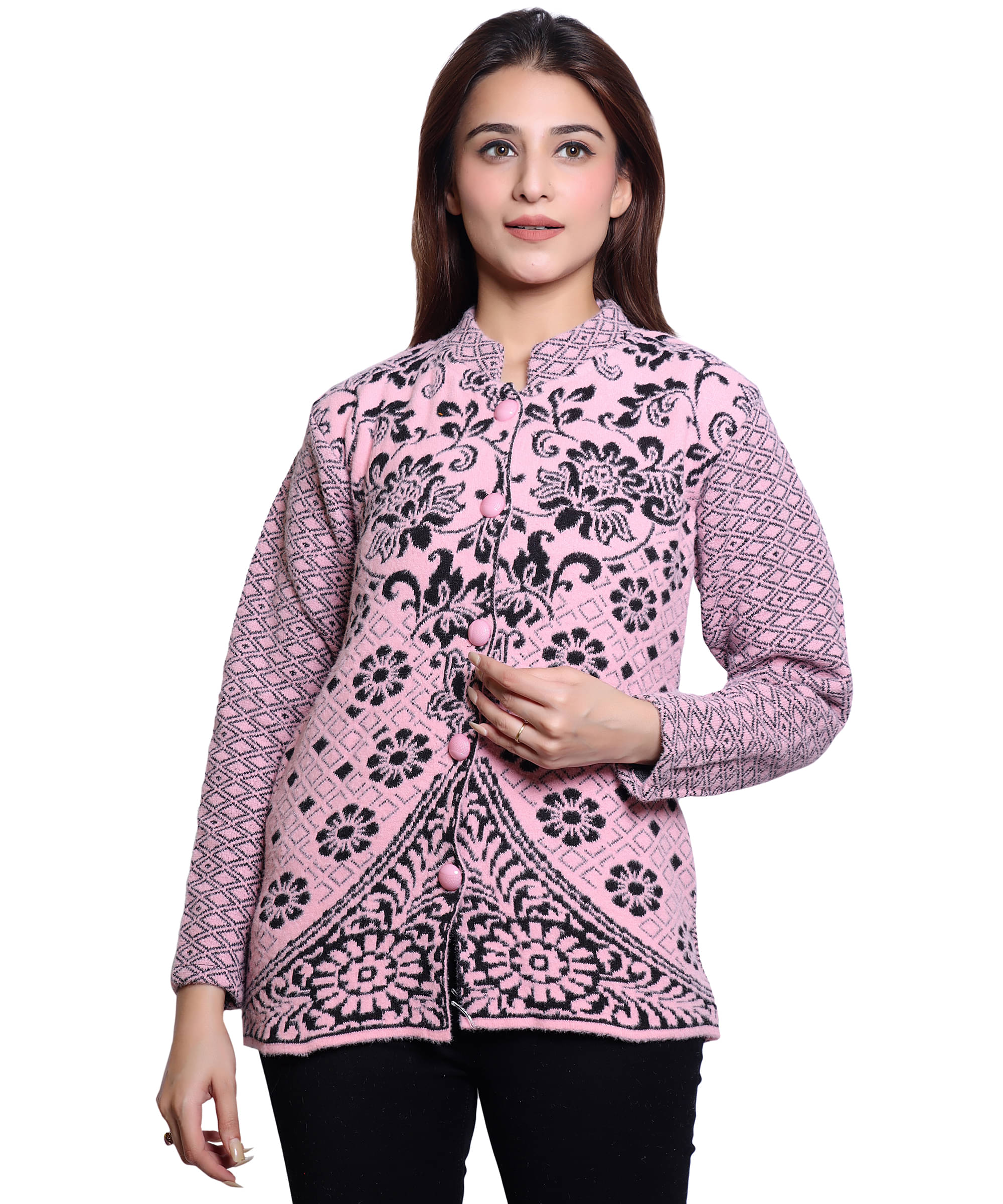     			HRD7 Women Woollen Round Neck Cardigan ( Pink )