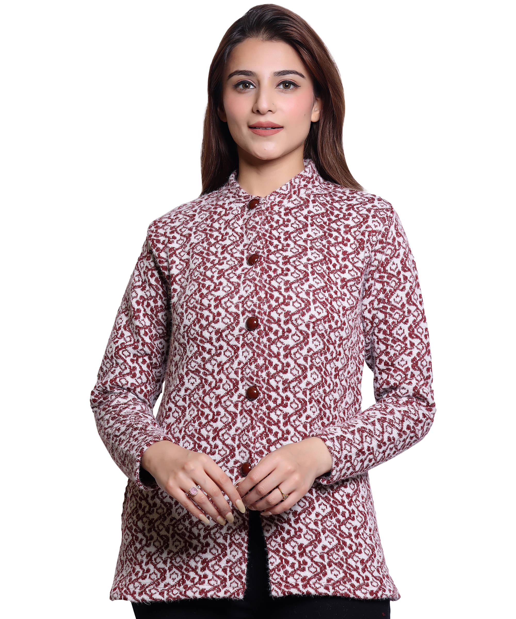     			HRD7 Women Woollen Round Neck Cardigan ( Maroon )