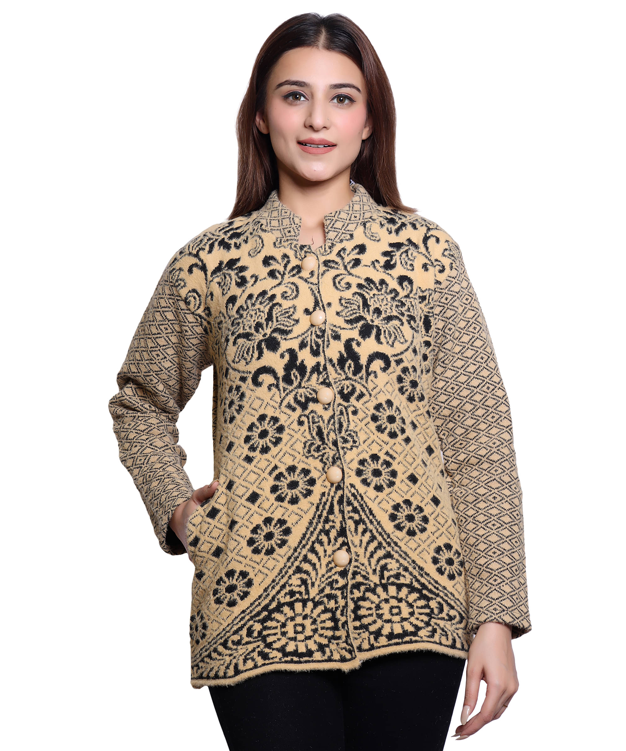     			HRD7 Women Woollen Round Neck Cardigan ( Beige )