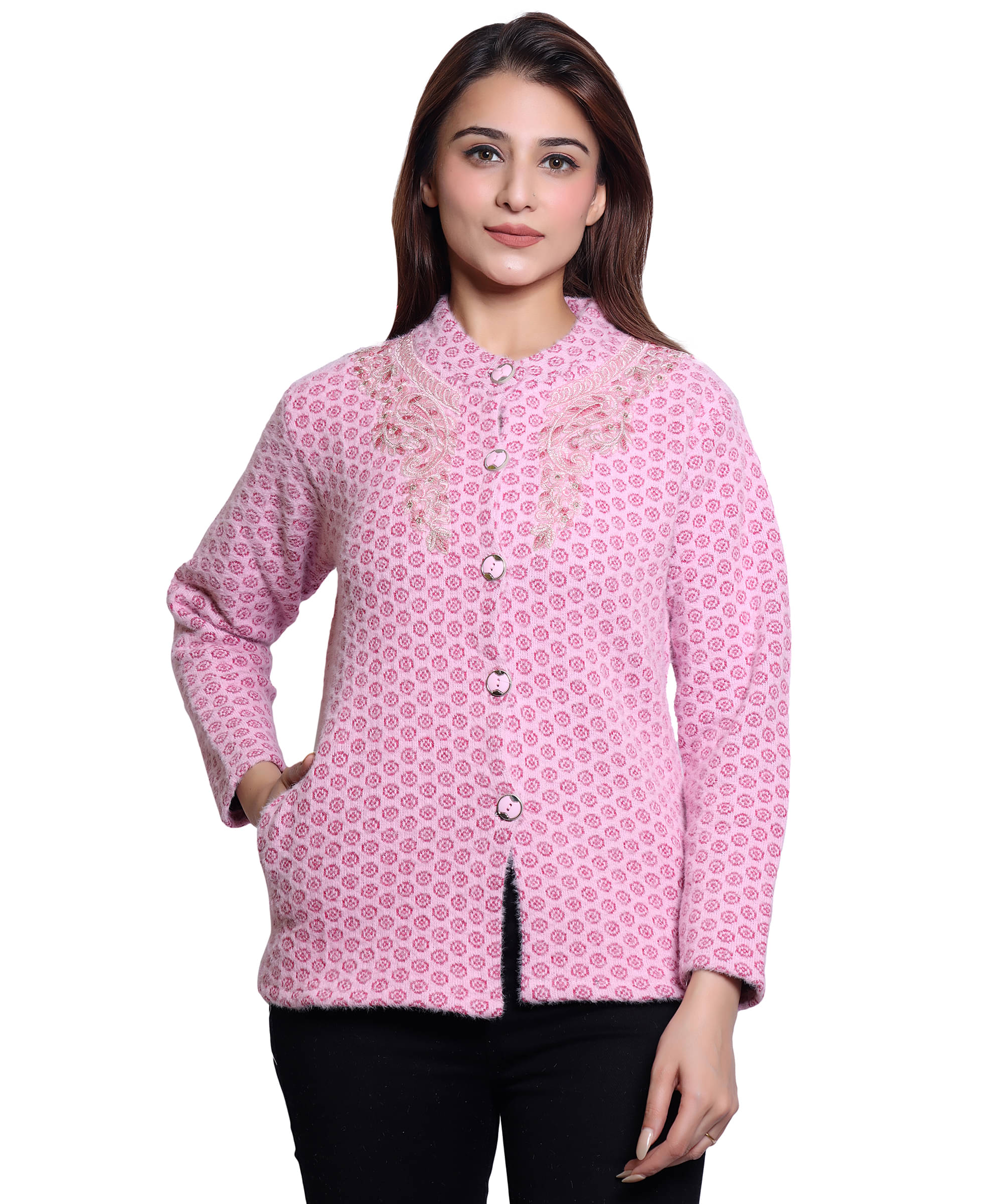 HRD7 Women Woollen Round Neck Cardigan ( Pink ) HRD7 Women Woollen Round Neck Cardigan ( Pink )